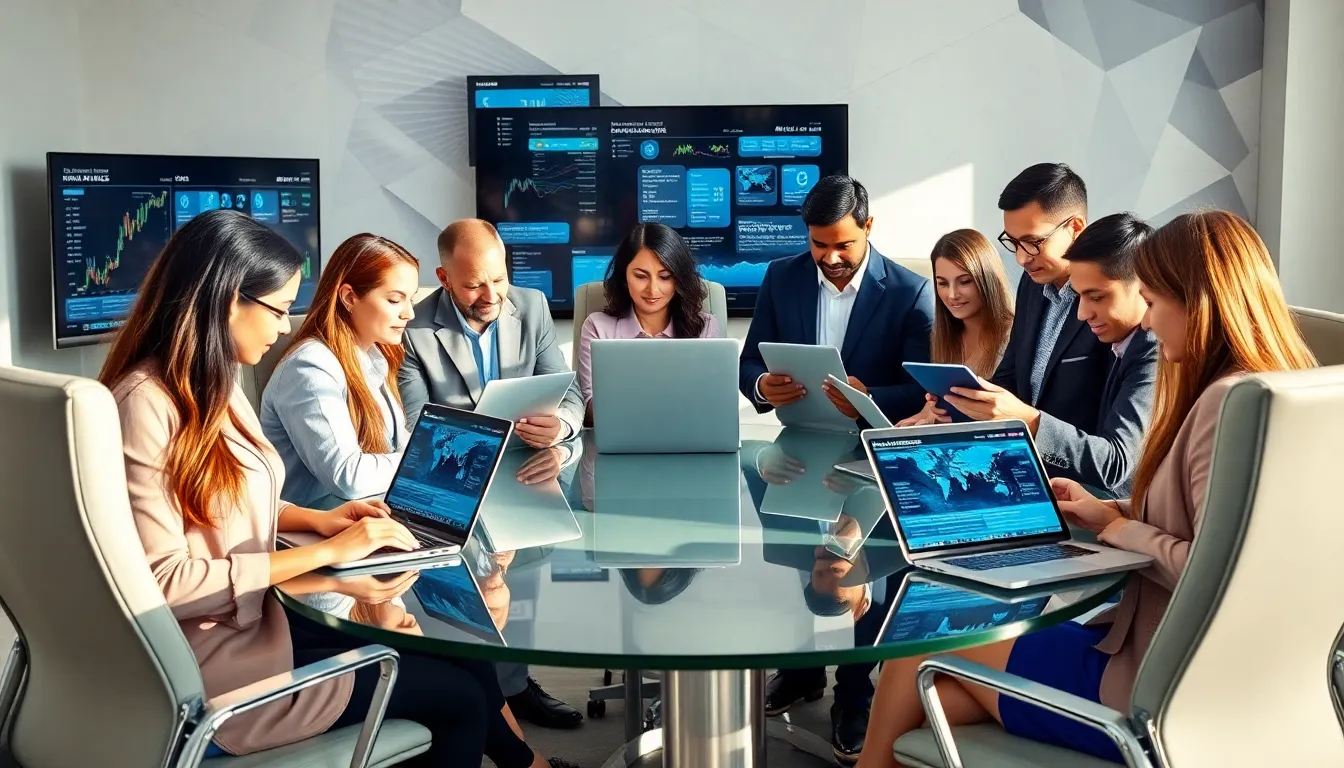 diverse team analyzing digital news alerts in a modern office.