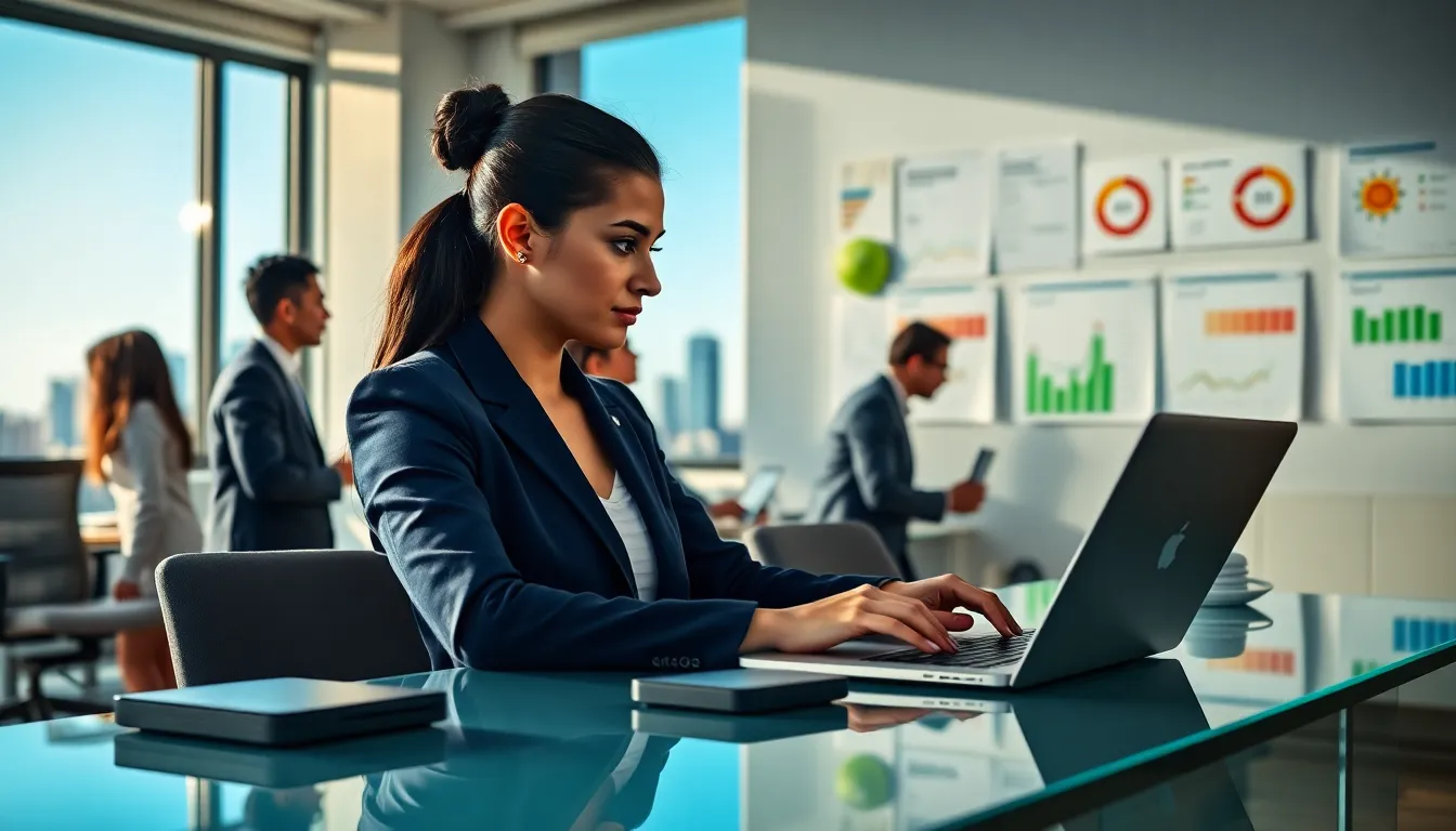 a professional analyzing energy data on a laptop in a modern office.