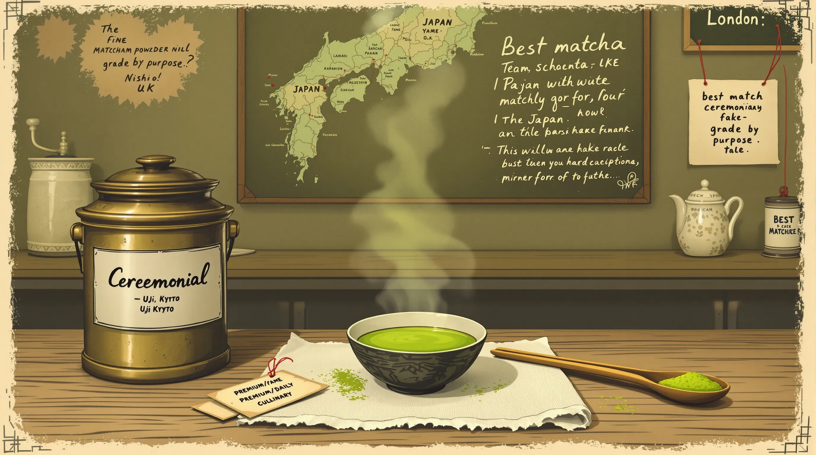 Vintage British tea counter with ceremonial matcha bowl and labeled canister.