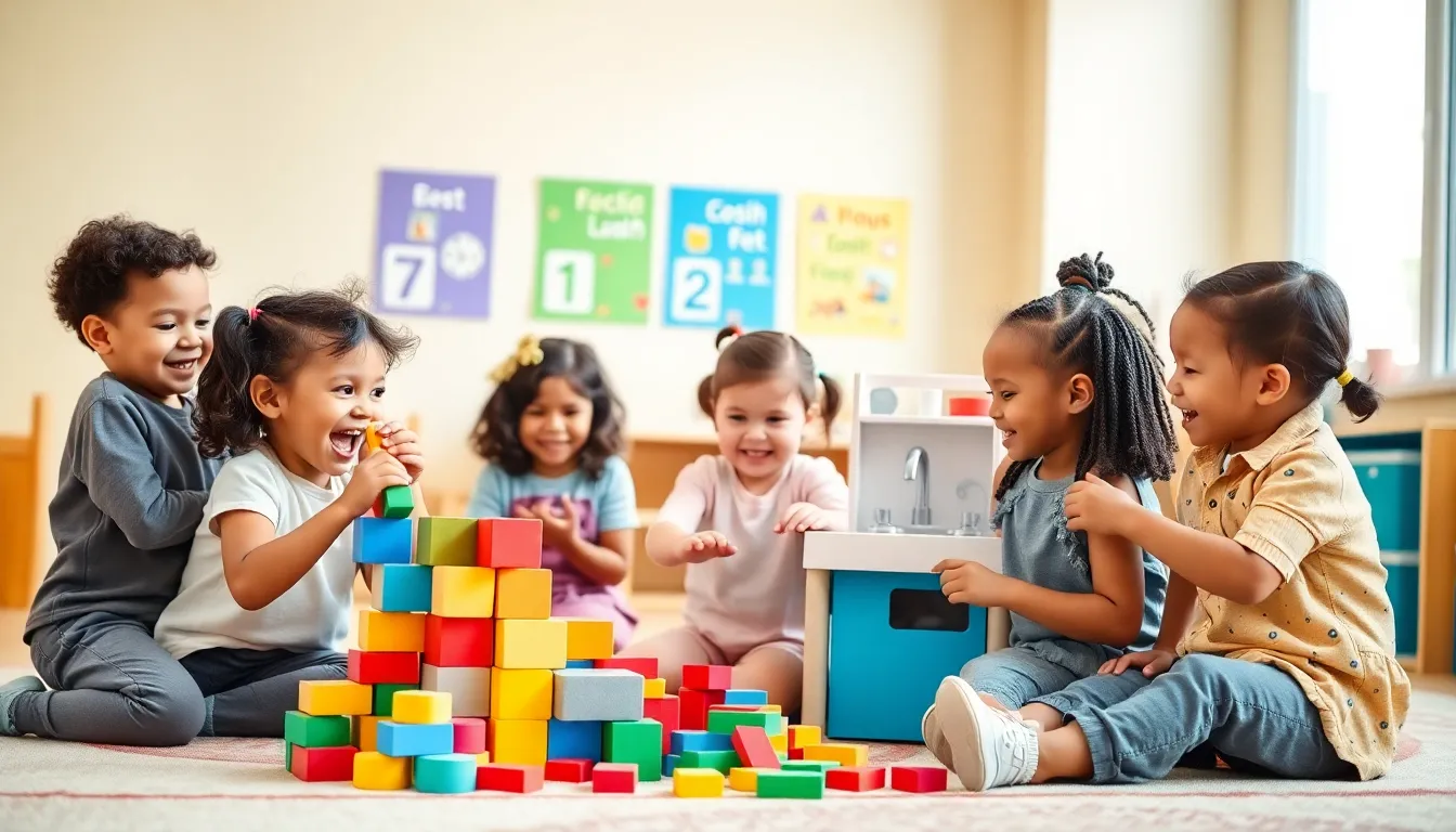diverse children playing and learning in a modern daycare.