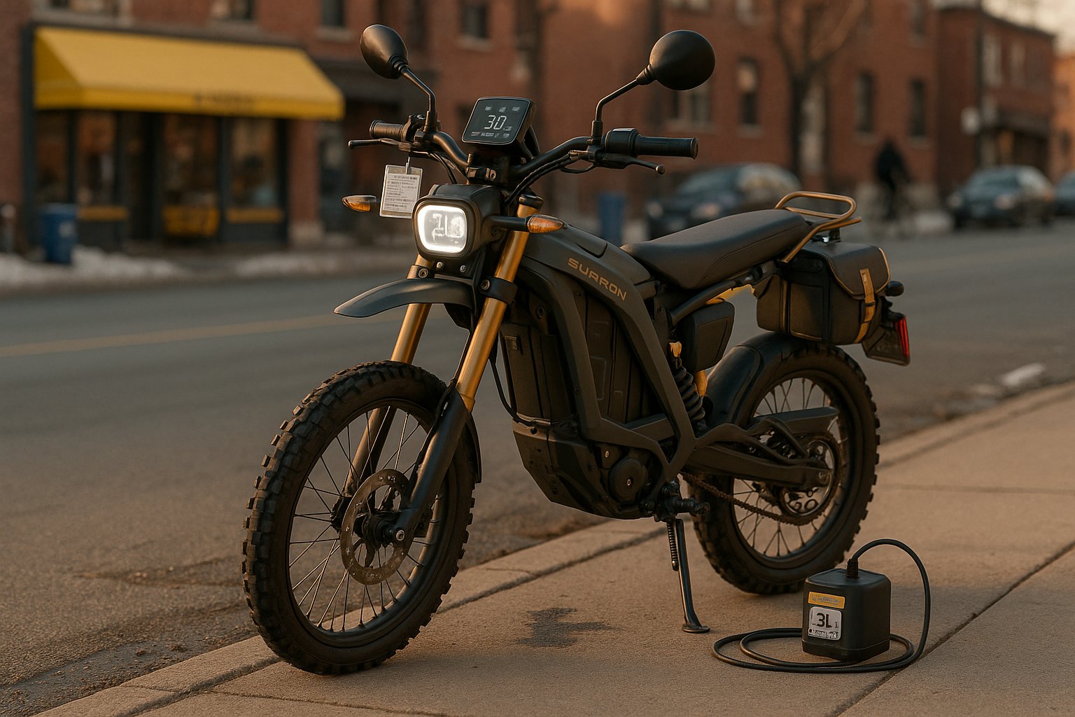 Road-legal Light Bee X parked on a Canadian street with charger and accessories.