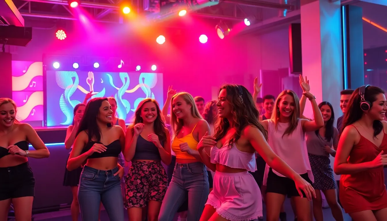diverse group dancing at a lively party with colorful lights.