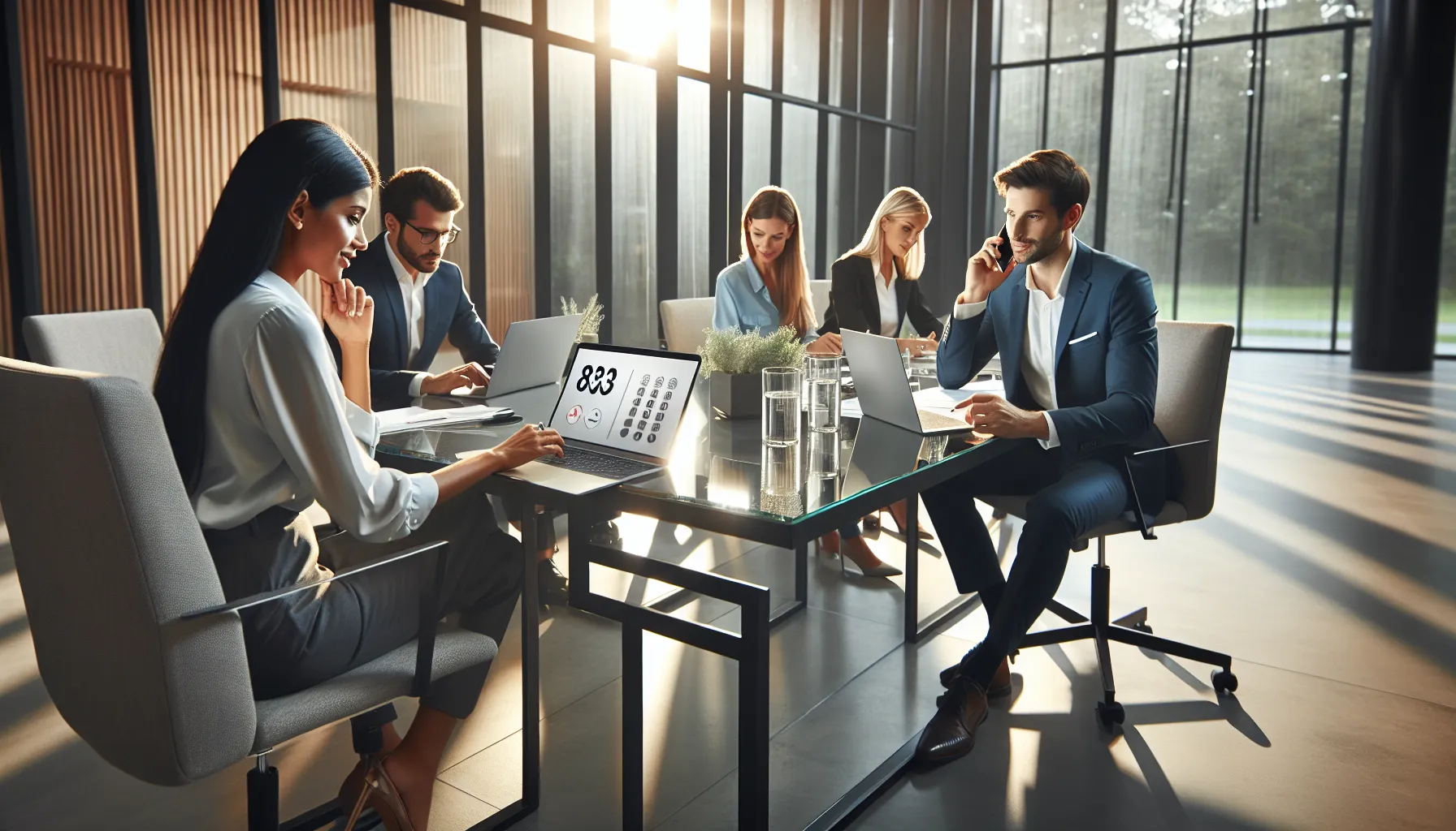 diverse professionals discussing call verification in a modern office.