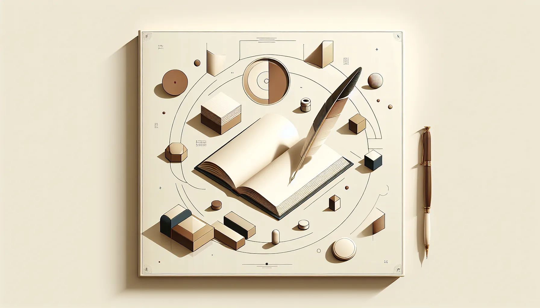 Open book with quill pen and abstract shapes on cream background