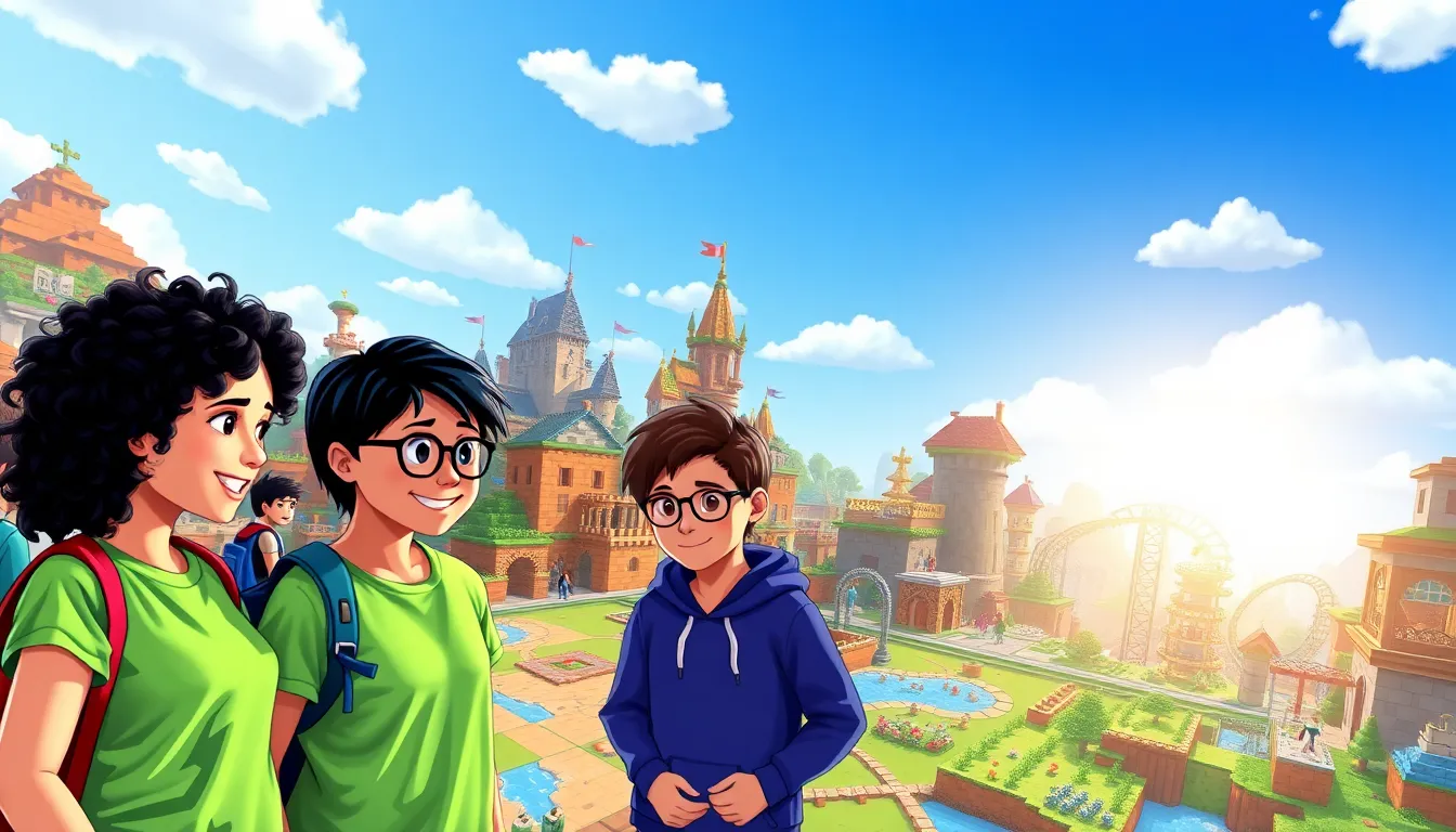 players discussing custom Minecraft creations in a vibrant game setting.