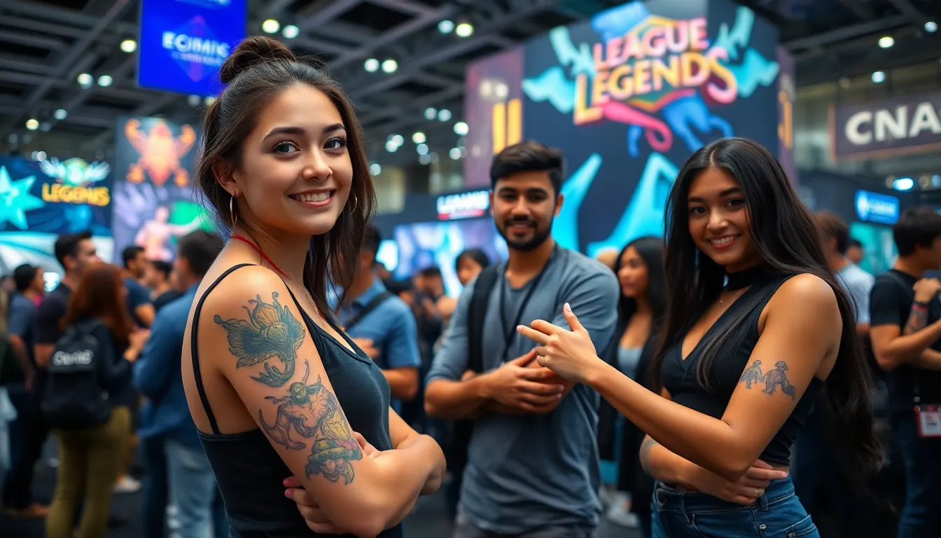 group of fans showcasing League of Legends tattoos at a gaming convention.
