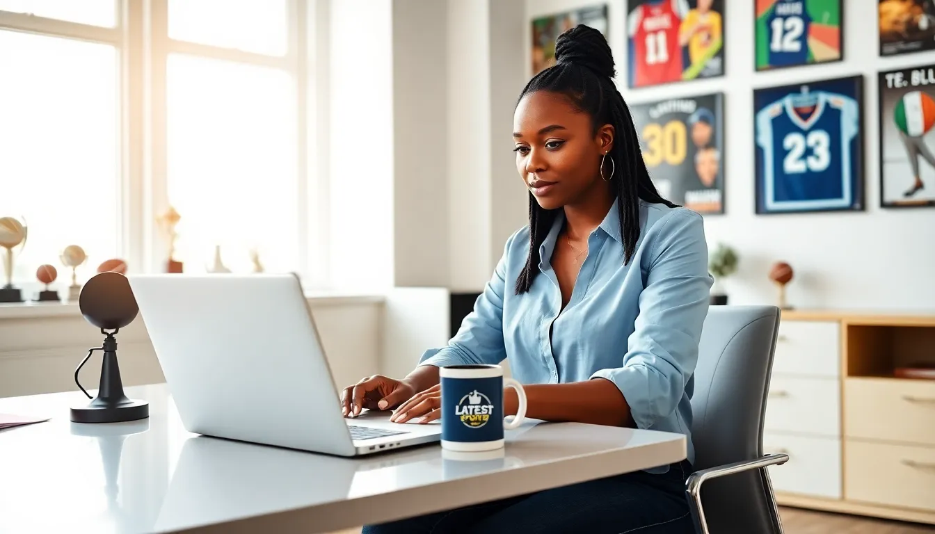 a young woman working in an office on sports news content.