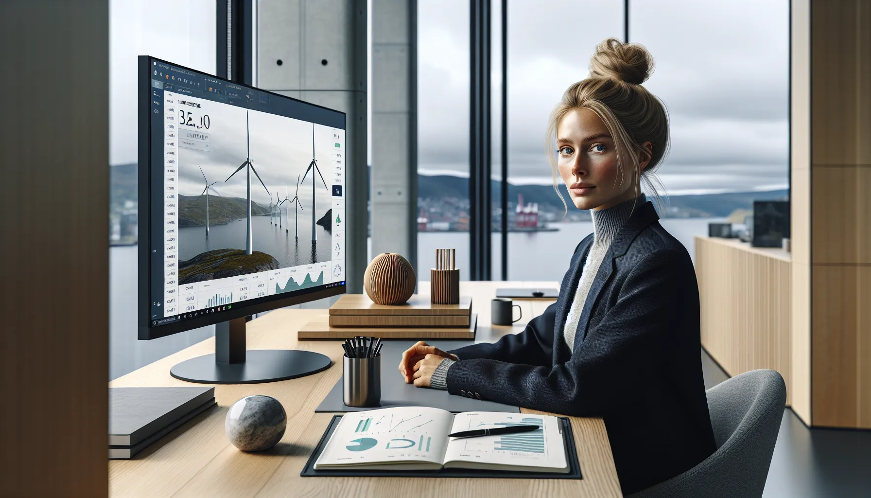 Analyst in oslo reviews financial charts and esg metrics on dual monitors.