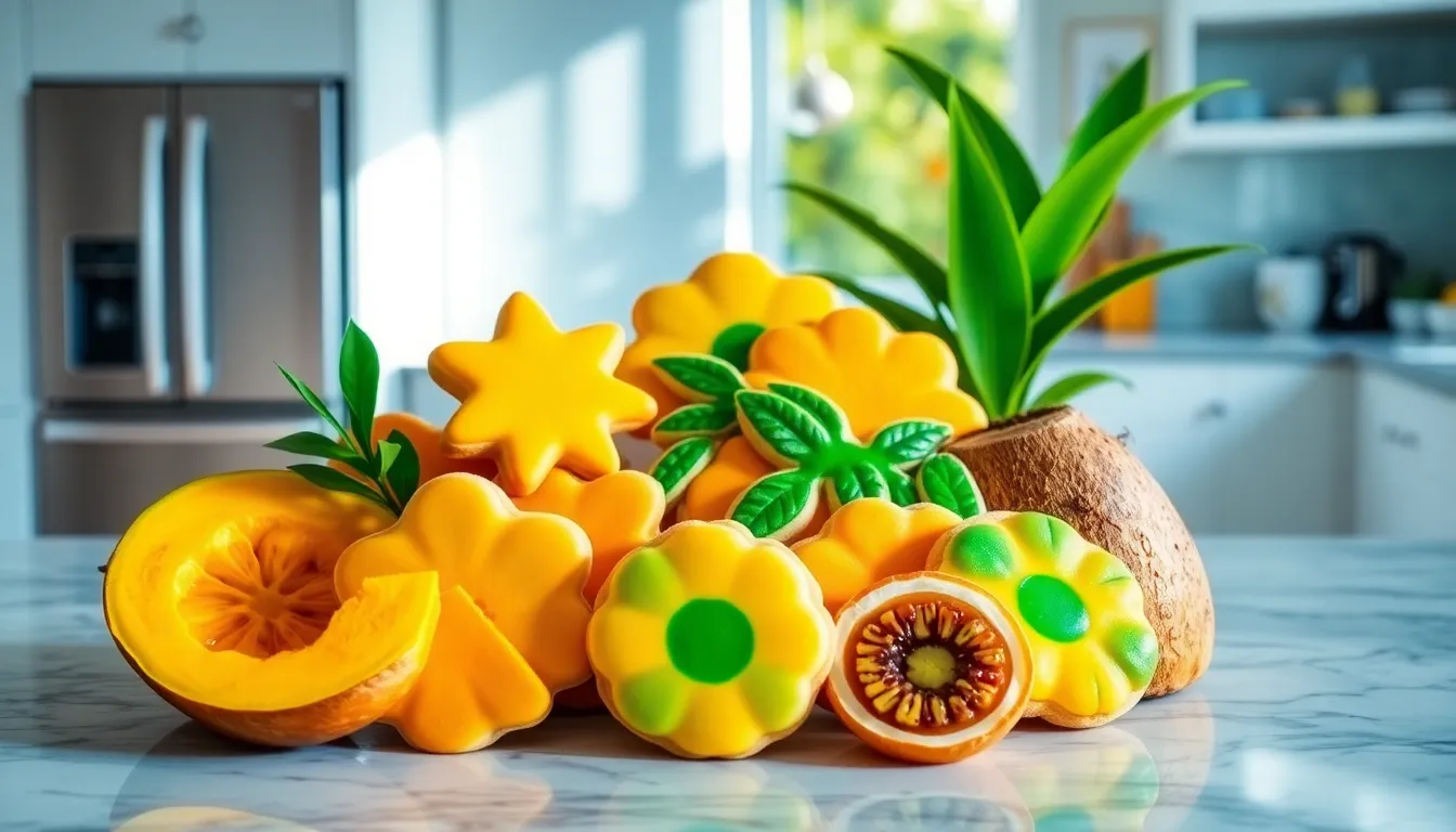 vibrant tropical cookies on a modern kitchen countertop.