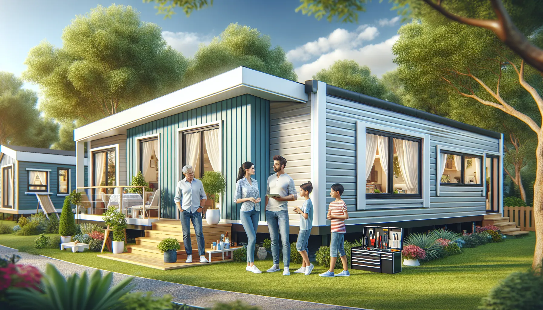 mobile home exterior with family discussing renovations.