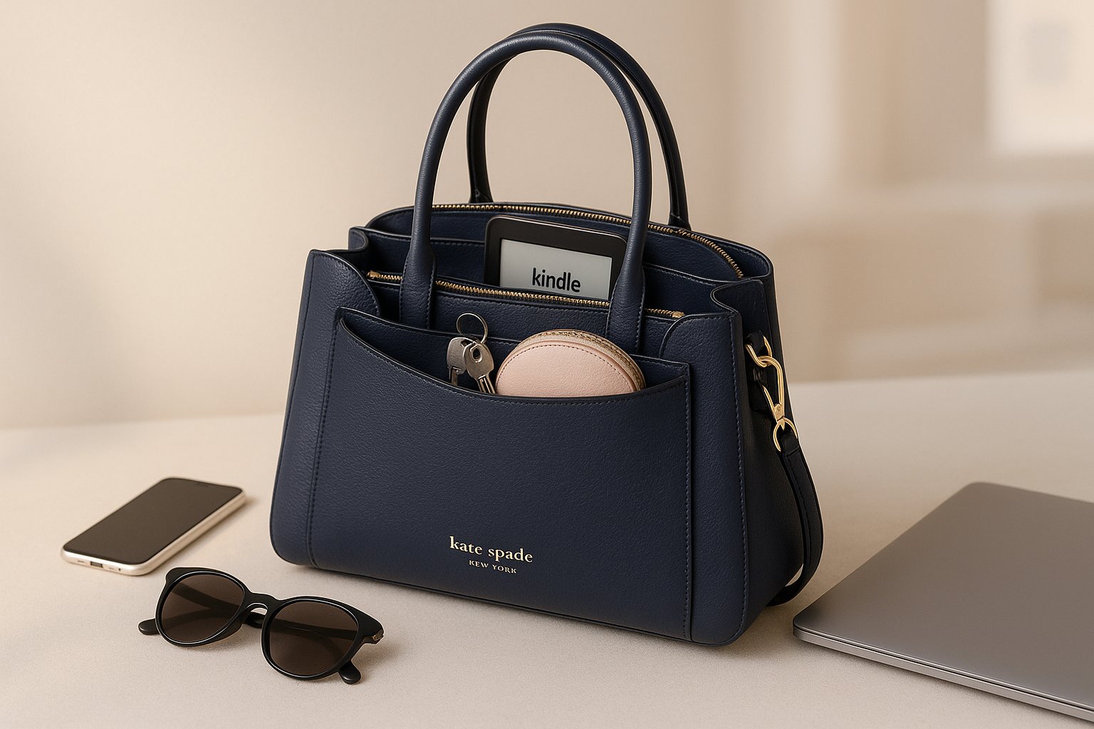 Kate Spade Margaux Satchel with essentials in a modern, elegant setting.