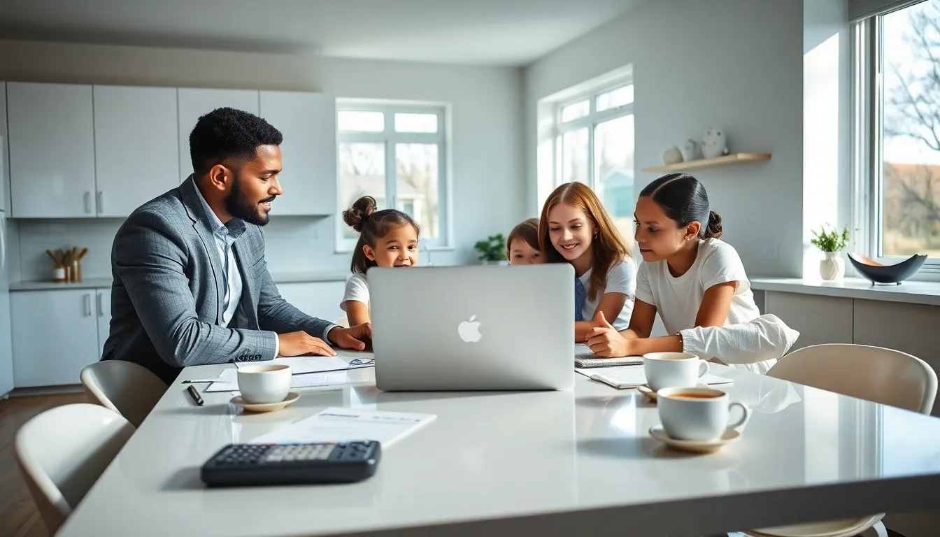 family discussing finances at a modern dining table.
