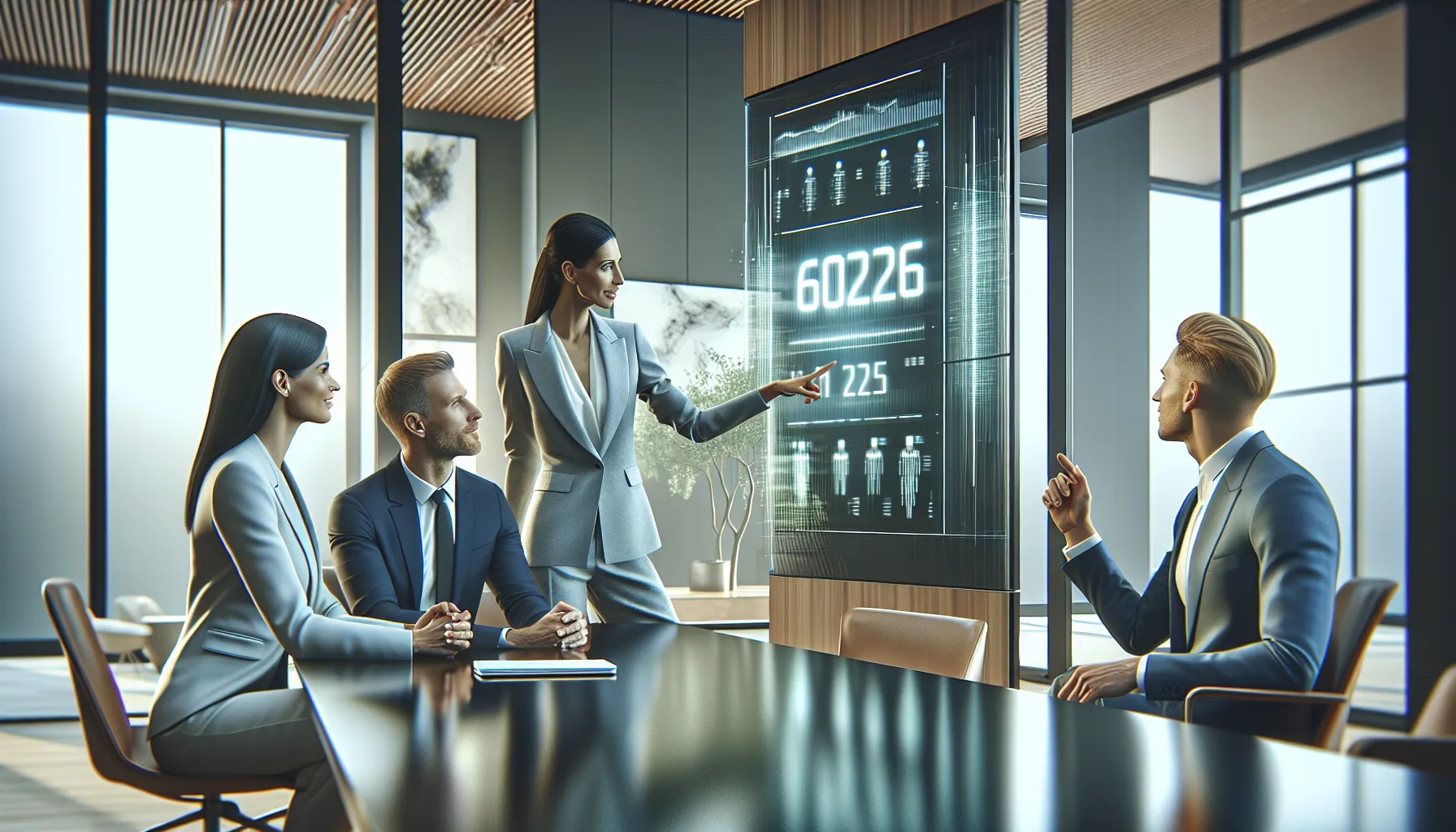 diverse team discussing a digital display in a modern office.
