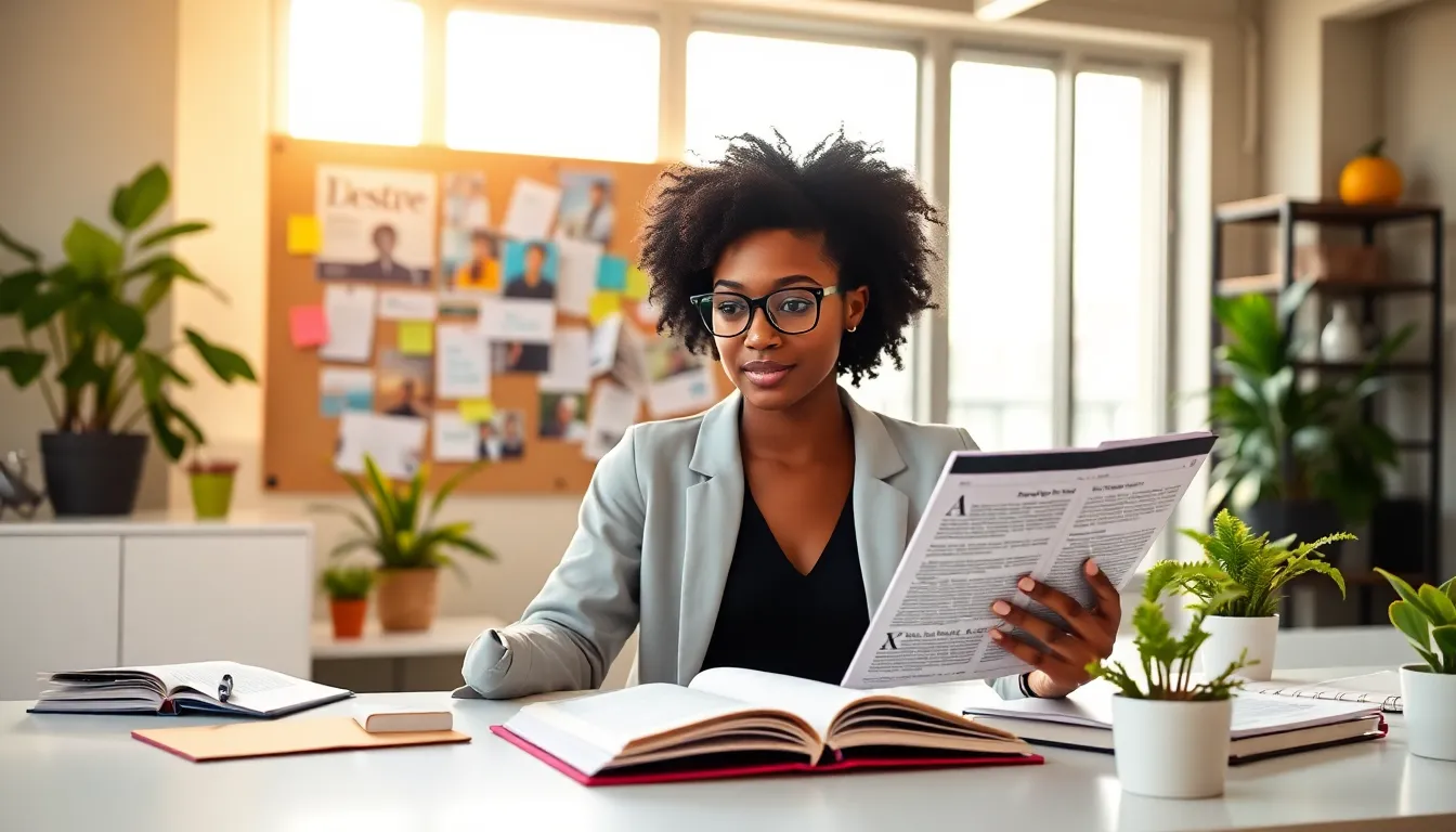 a woman reading about science and lifestyle in a bright modern workspace.