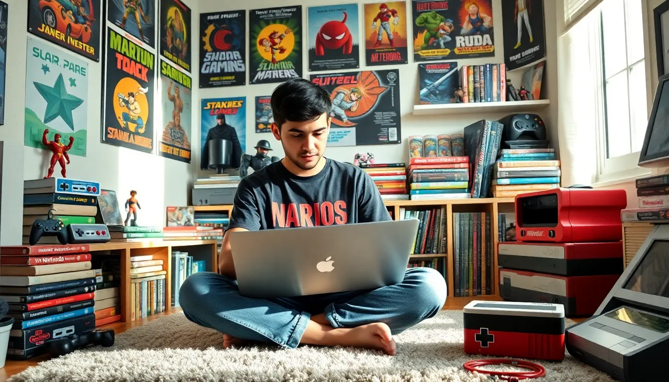A young writer surrounded by gaming memorabilia, writing on a laptop.