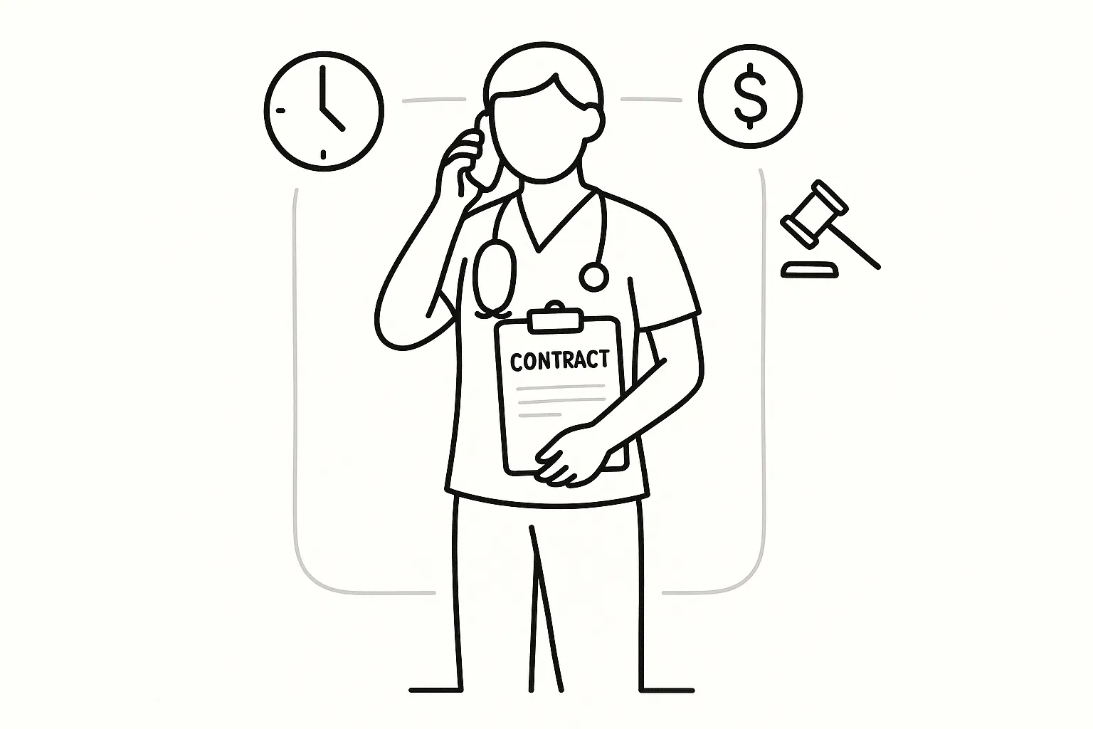 Nurse practitioner on call holding a contract and phone with legal and pay icons.