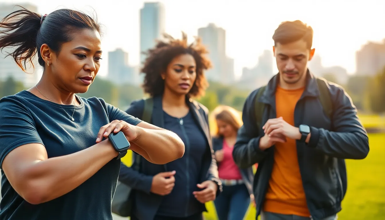 diverse group using wearables during an outdoor fitness activity.