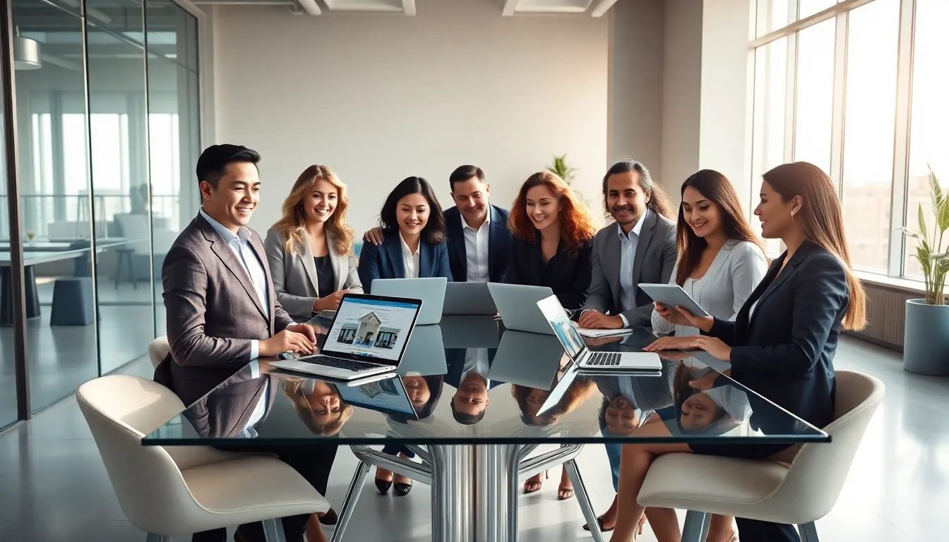 diverse real estate team collaborating in a modern office.