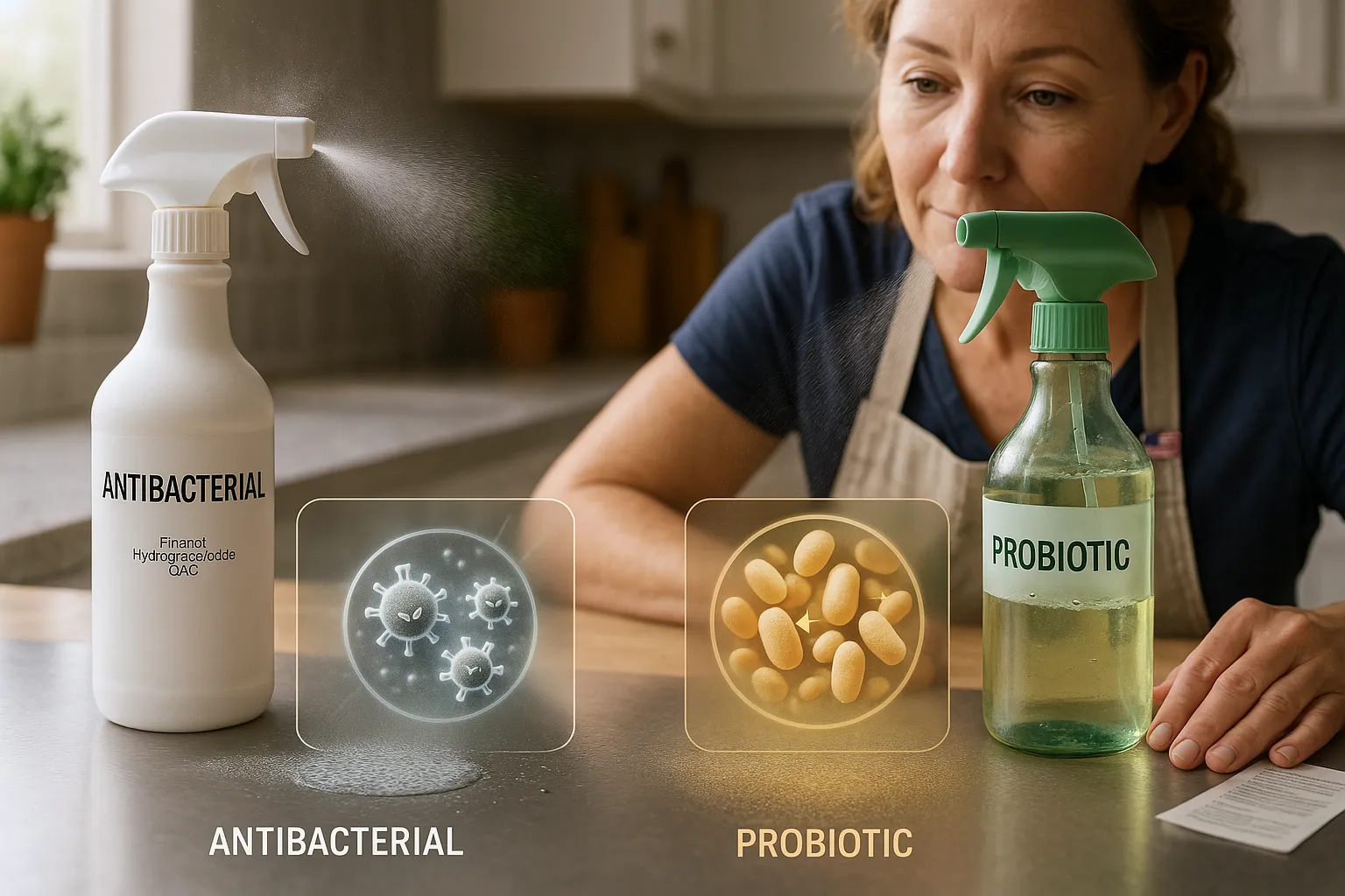 two spray bottles on a kitchen counter showing kill vs probiotic colonization