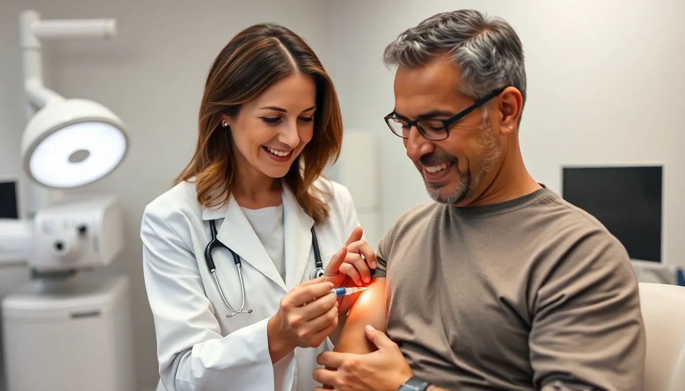 Doctor administering viscosupplementation injection in a clinical setting.