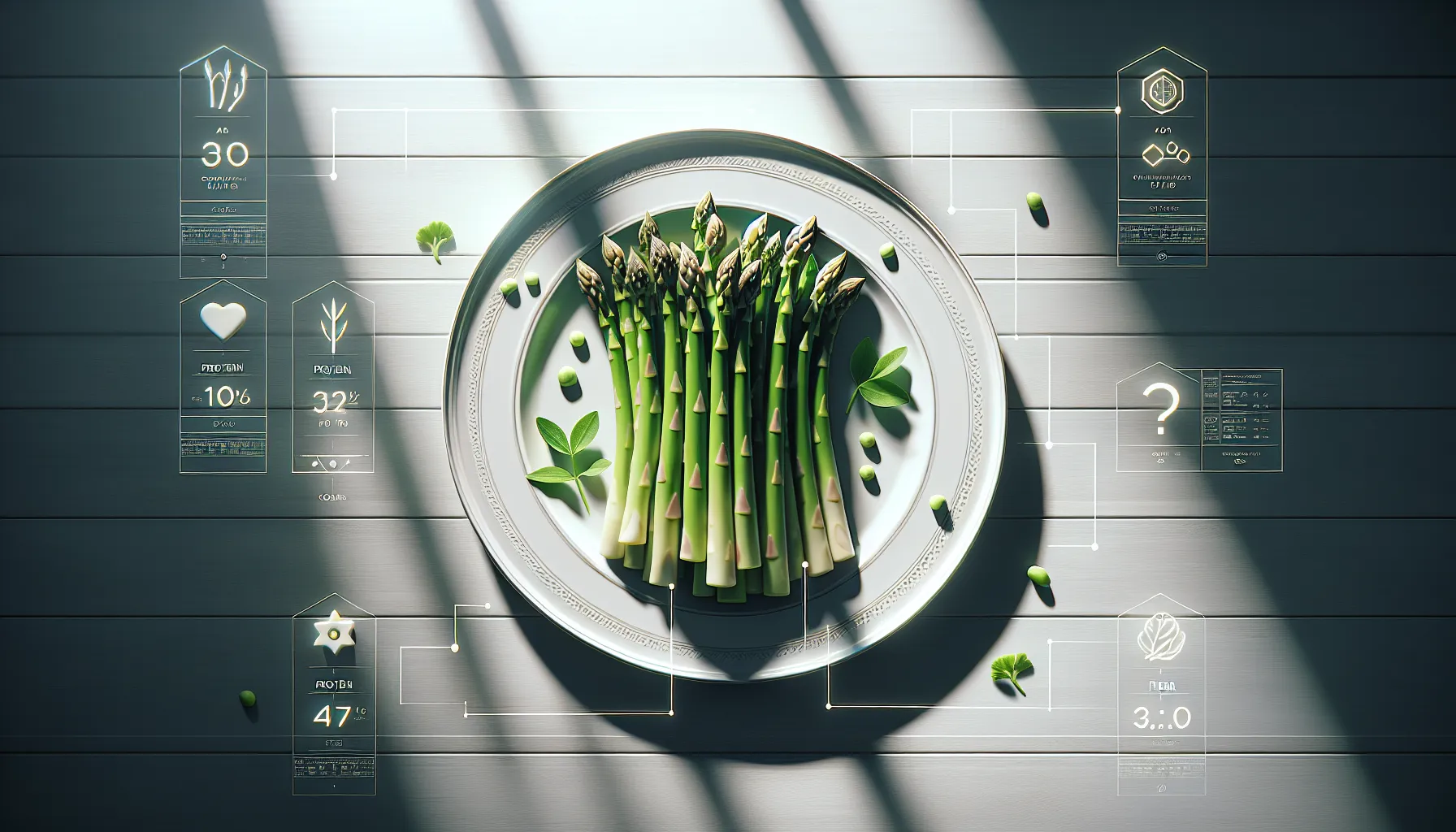 Fresh asparagus on a plate with nutritional icons.