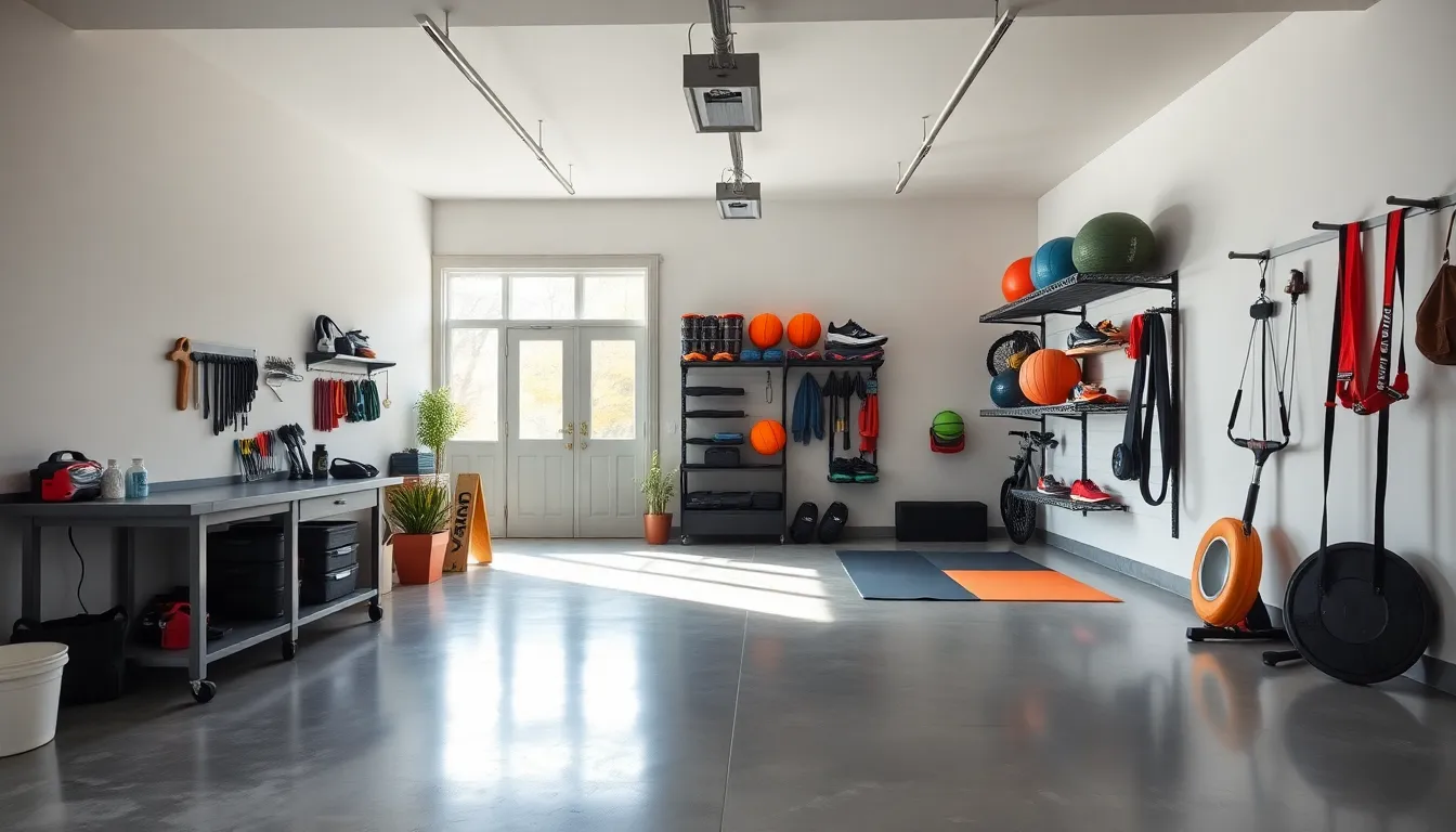 modern garage interior showing workspace and fitness area.