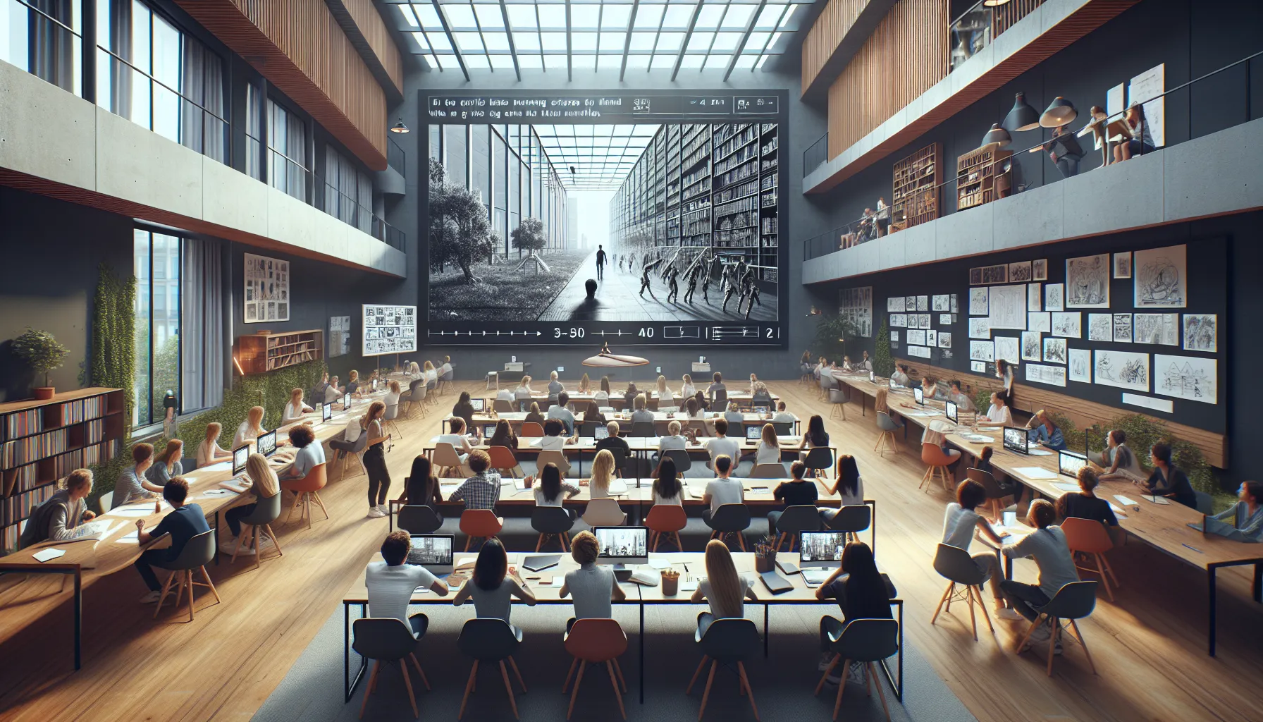 Students learning visual storytelling concepts in a modern educational setting.