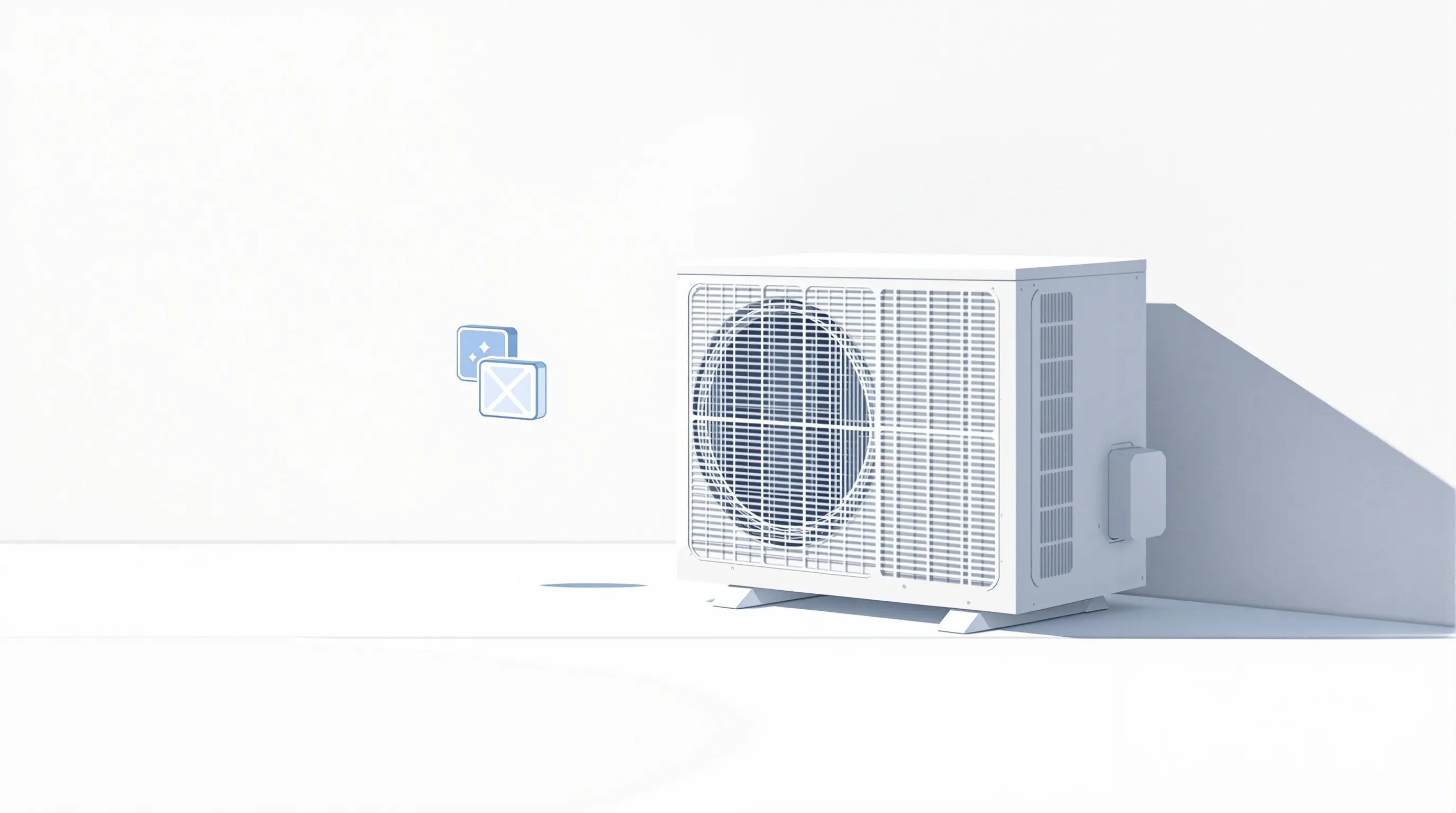 Minimalist heat pump unit with detached air filter icon on clean background.