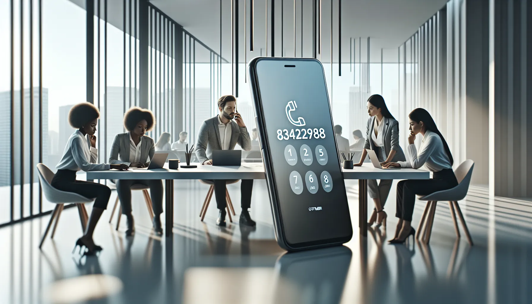 diverse professionals discussing a toll-free number in a modern office.