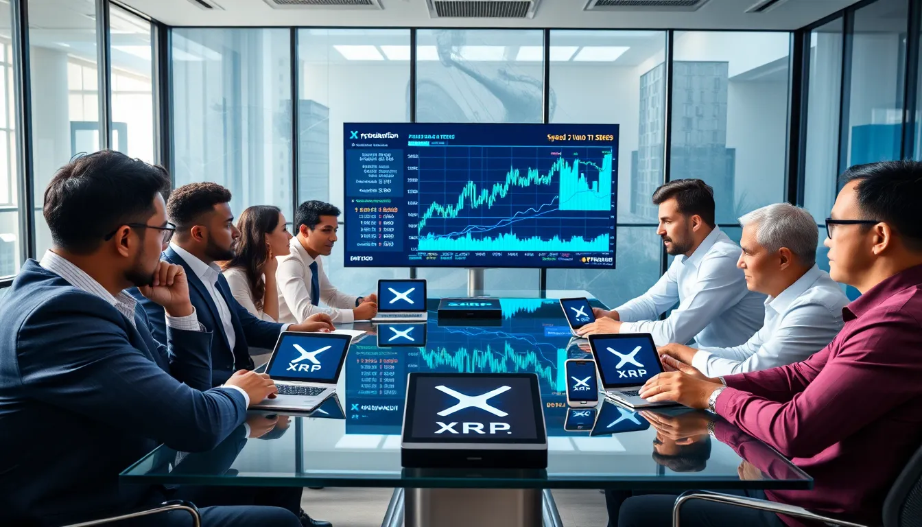 diverse financial analysts discussing XRP in a modern office.