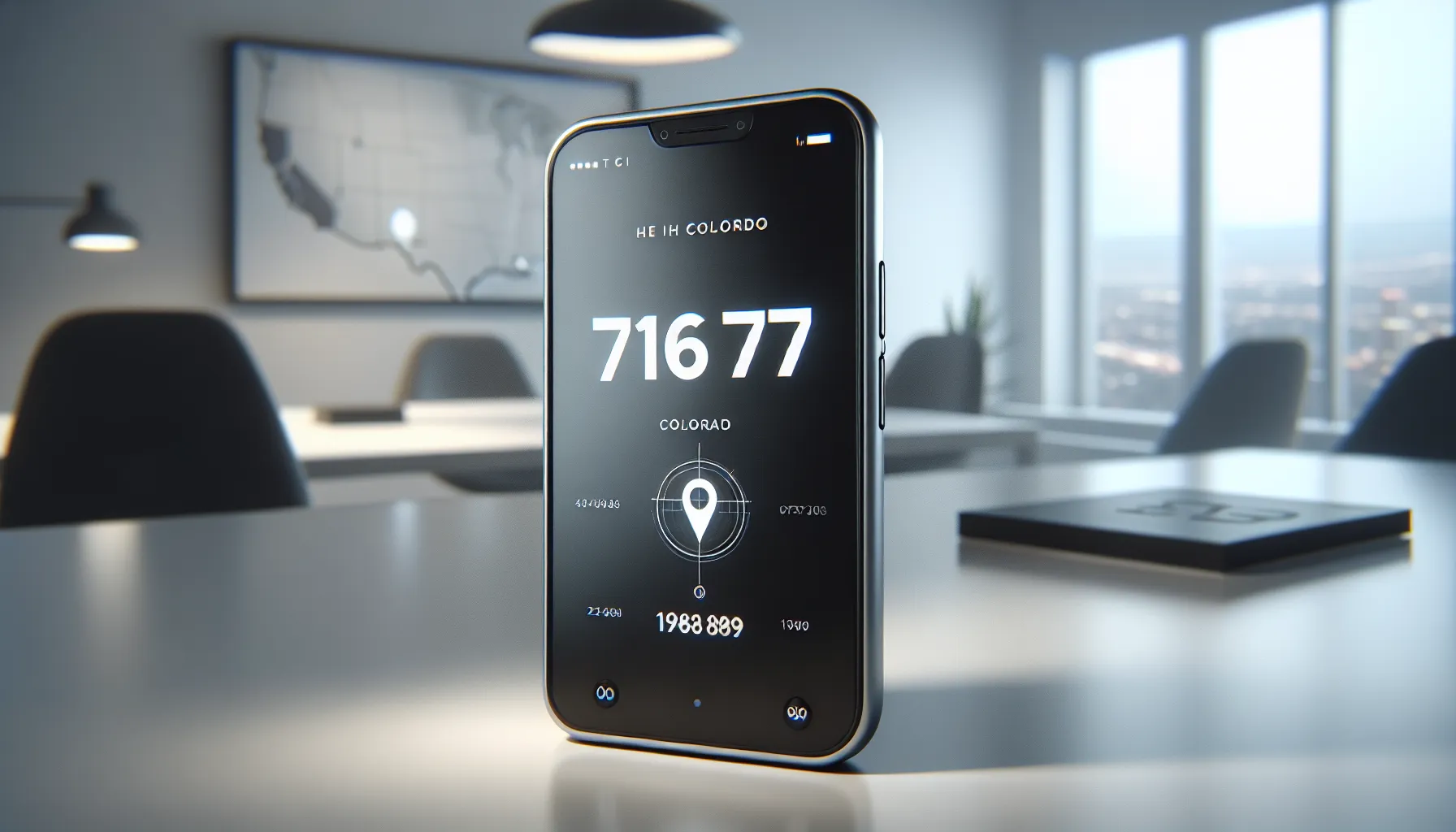 modern phone displaying the number 719.677.8899 on a clean desk.