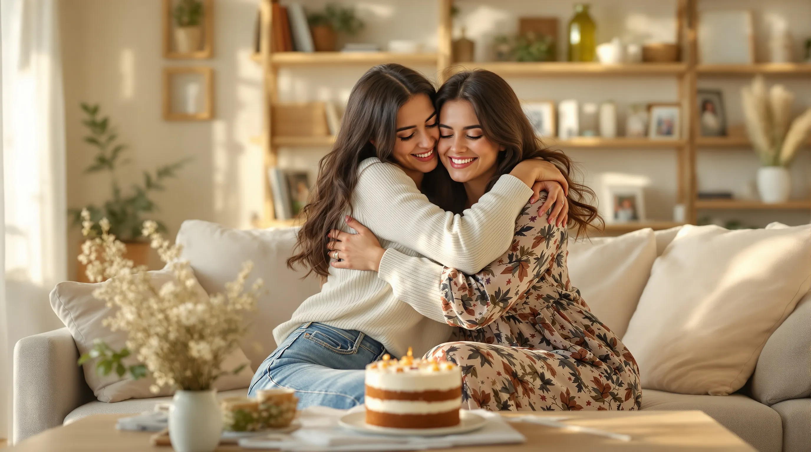 two women hugging in a sunlit living room with a birthday card