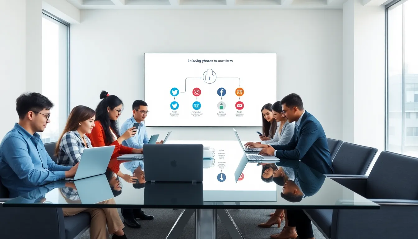 professionals discussing social media phone number linkage in a modern office.