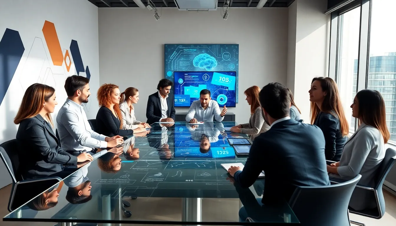 diverse team discussing tech trends in a modern office.
