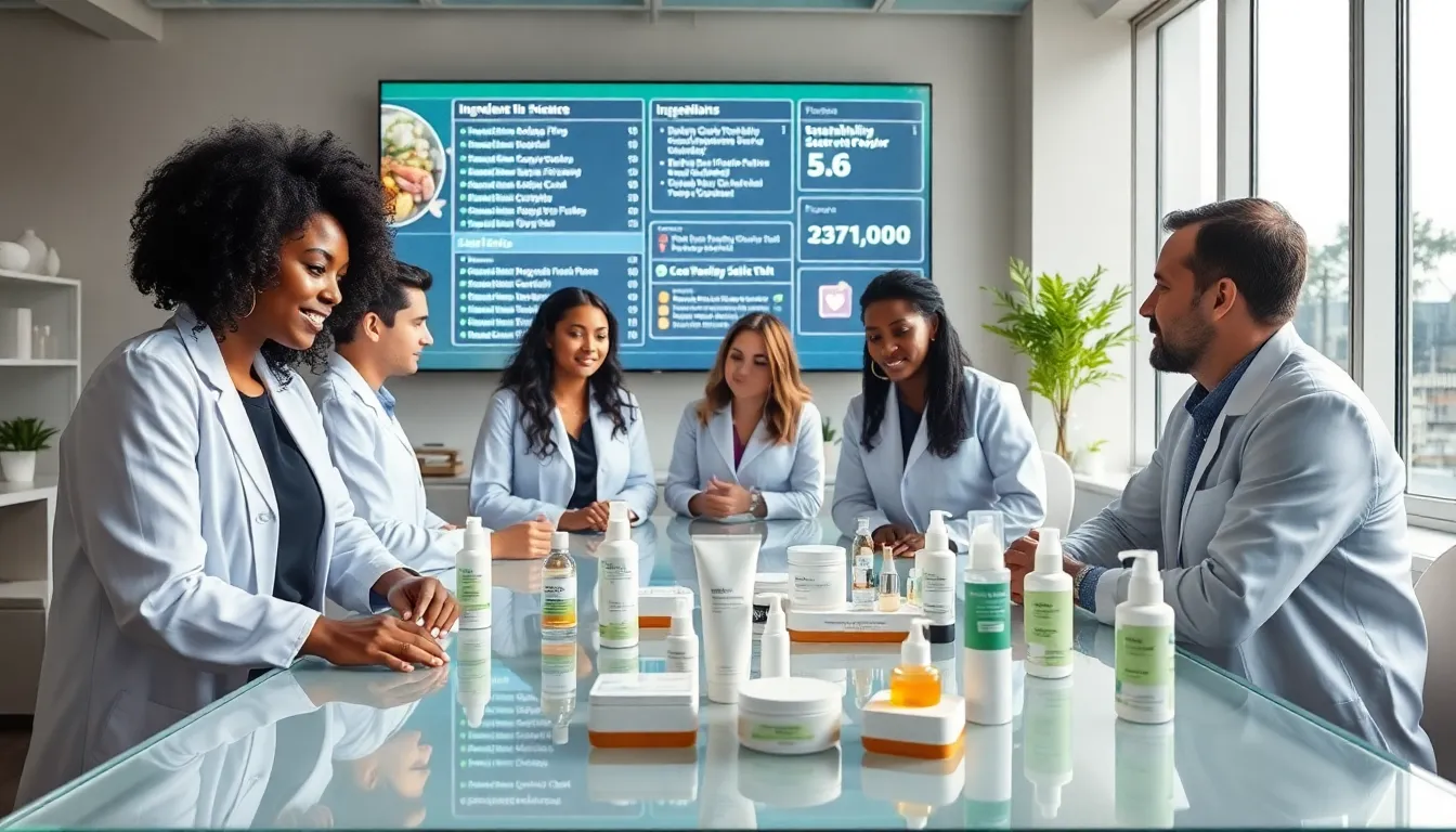diverse team discussing clean beauty trends in a modern lab.