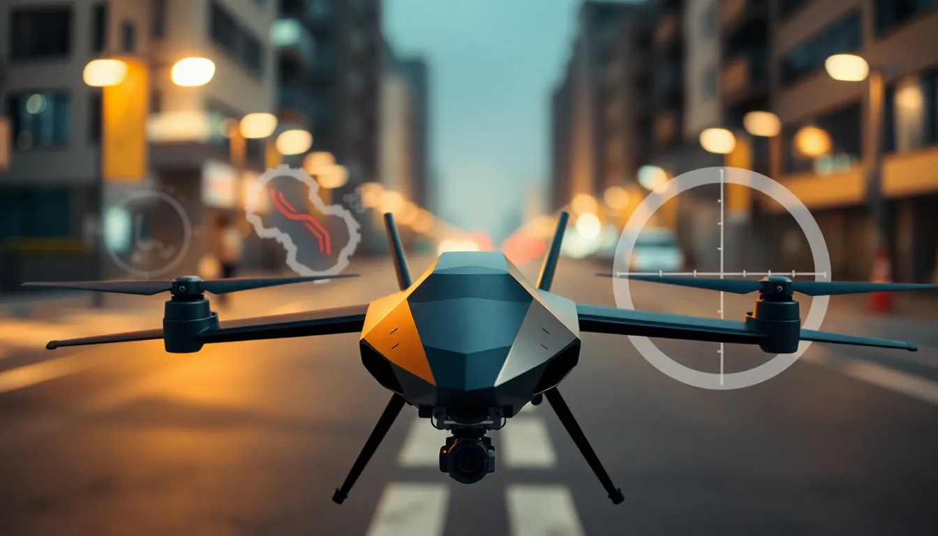 futuristic drone in an urban setting with tactical graphics.