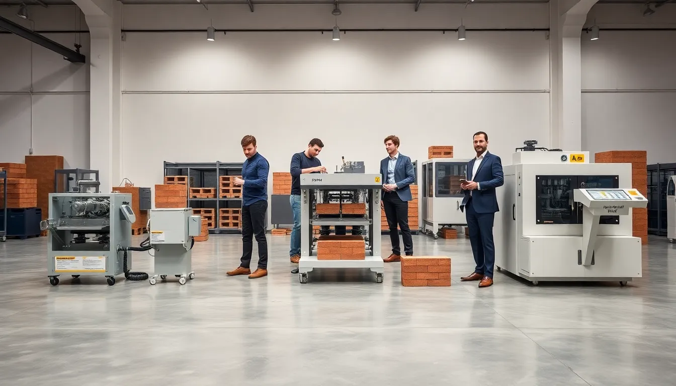 Three types of brick making machines in a modern industrial showroom.