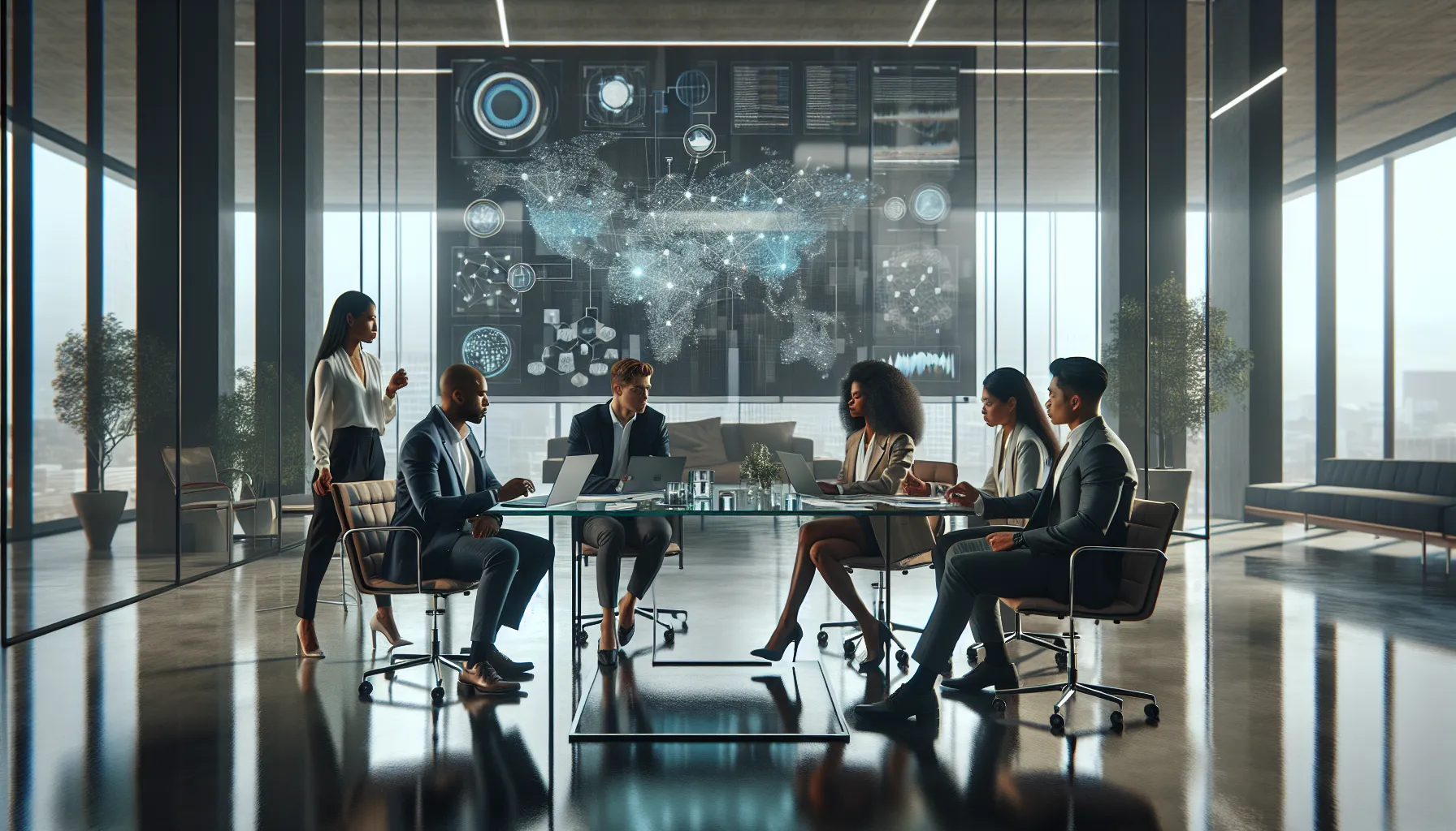 diverse professionals discussing concepts in a modern office setting.