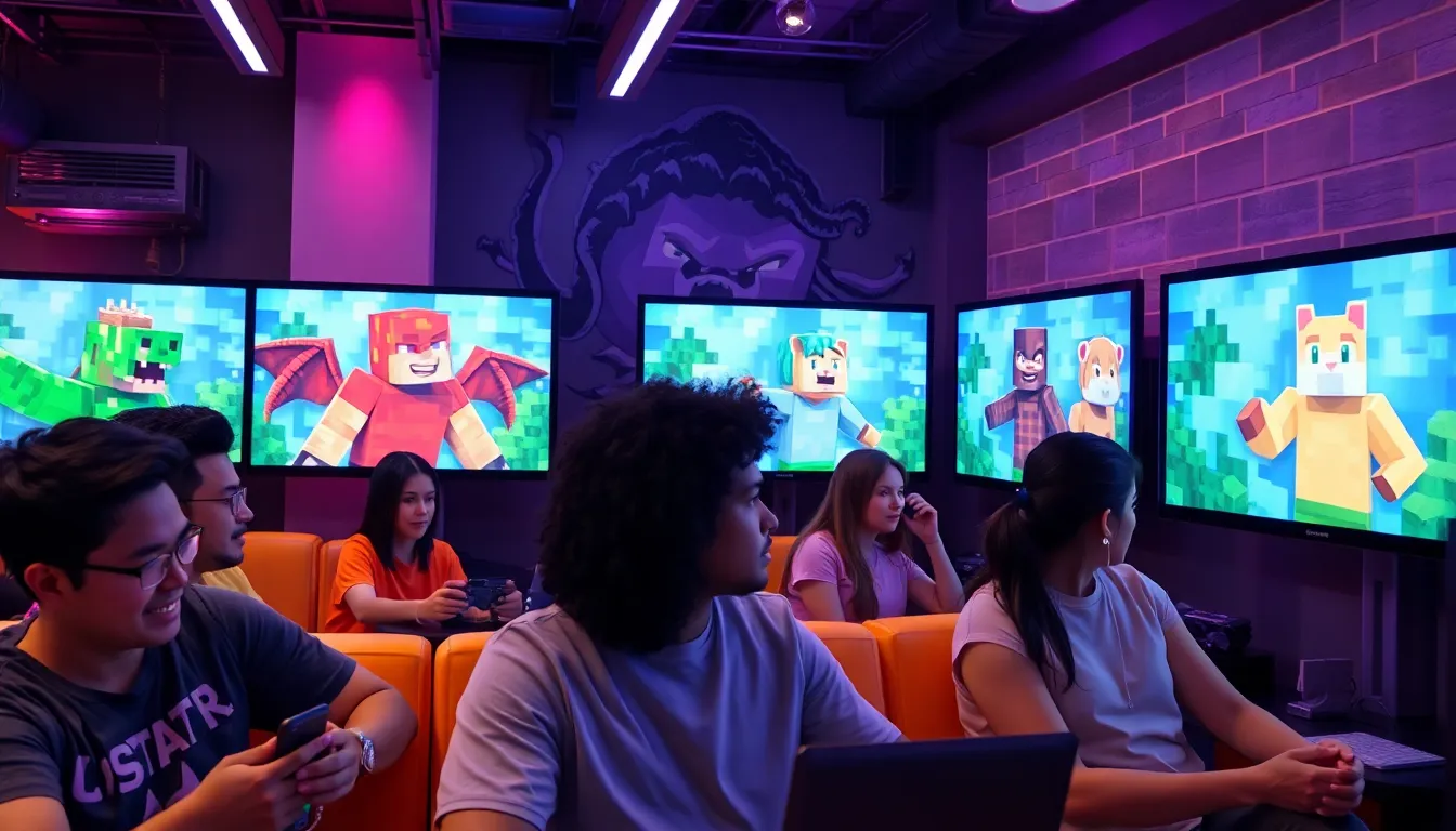 gamers showcasing unique Minecraft skins in a modern gaming lounge.