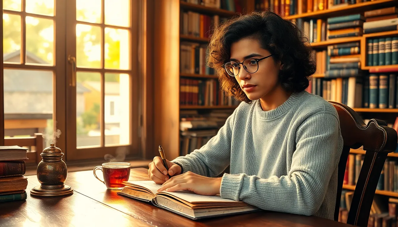 A young Hispanic author writing in a cozy study filled with books.