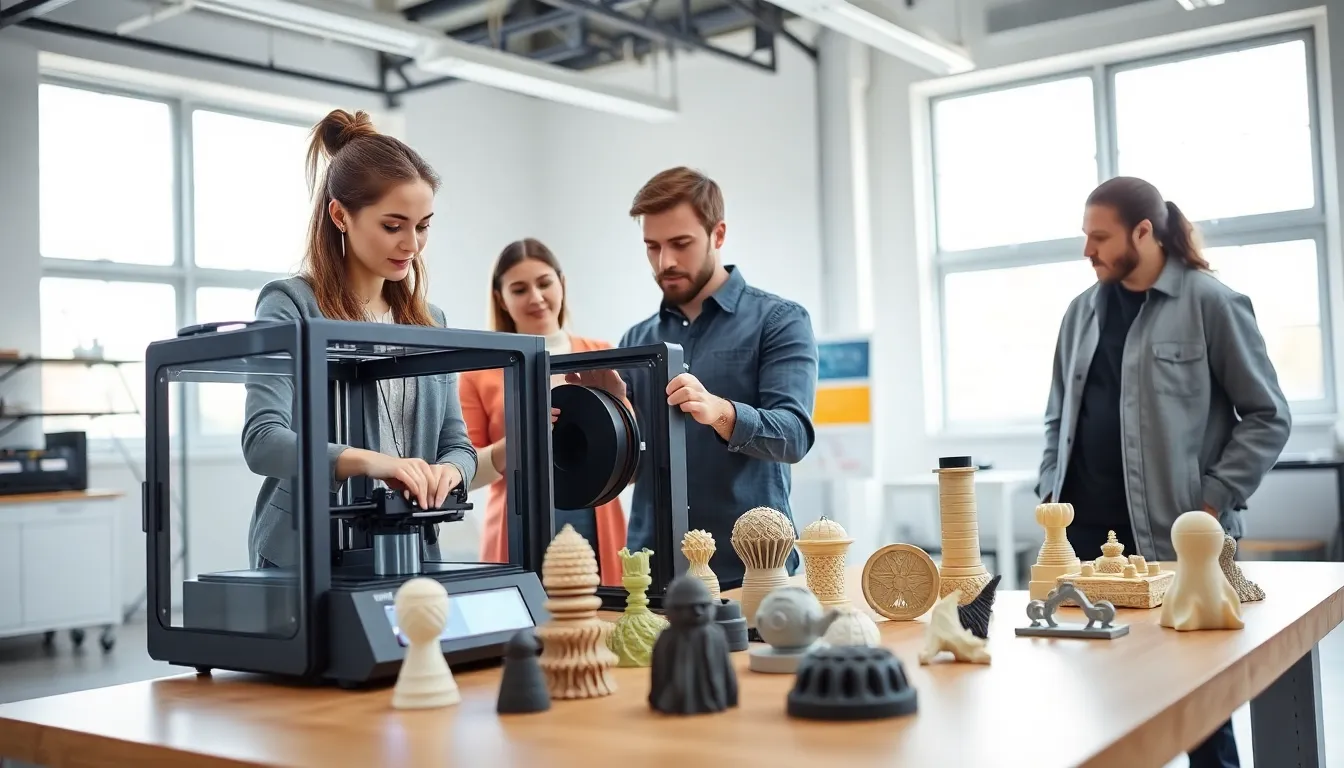 engineers troubleshooting a 3D printer in a modern workshop.