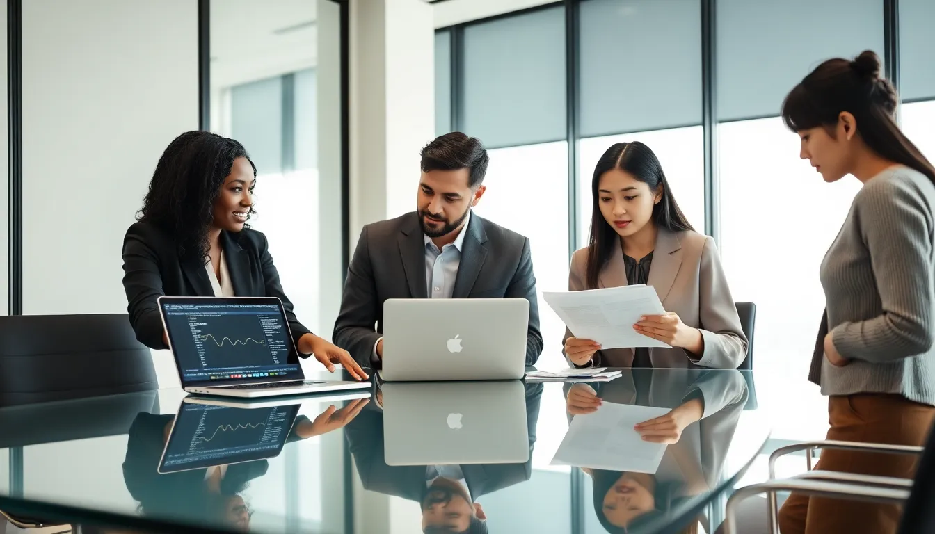 professionals discussing JavaScript integer division in a modern office.