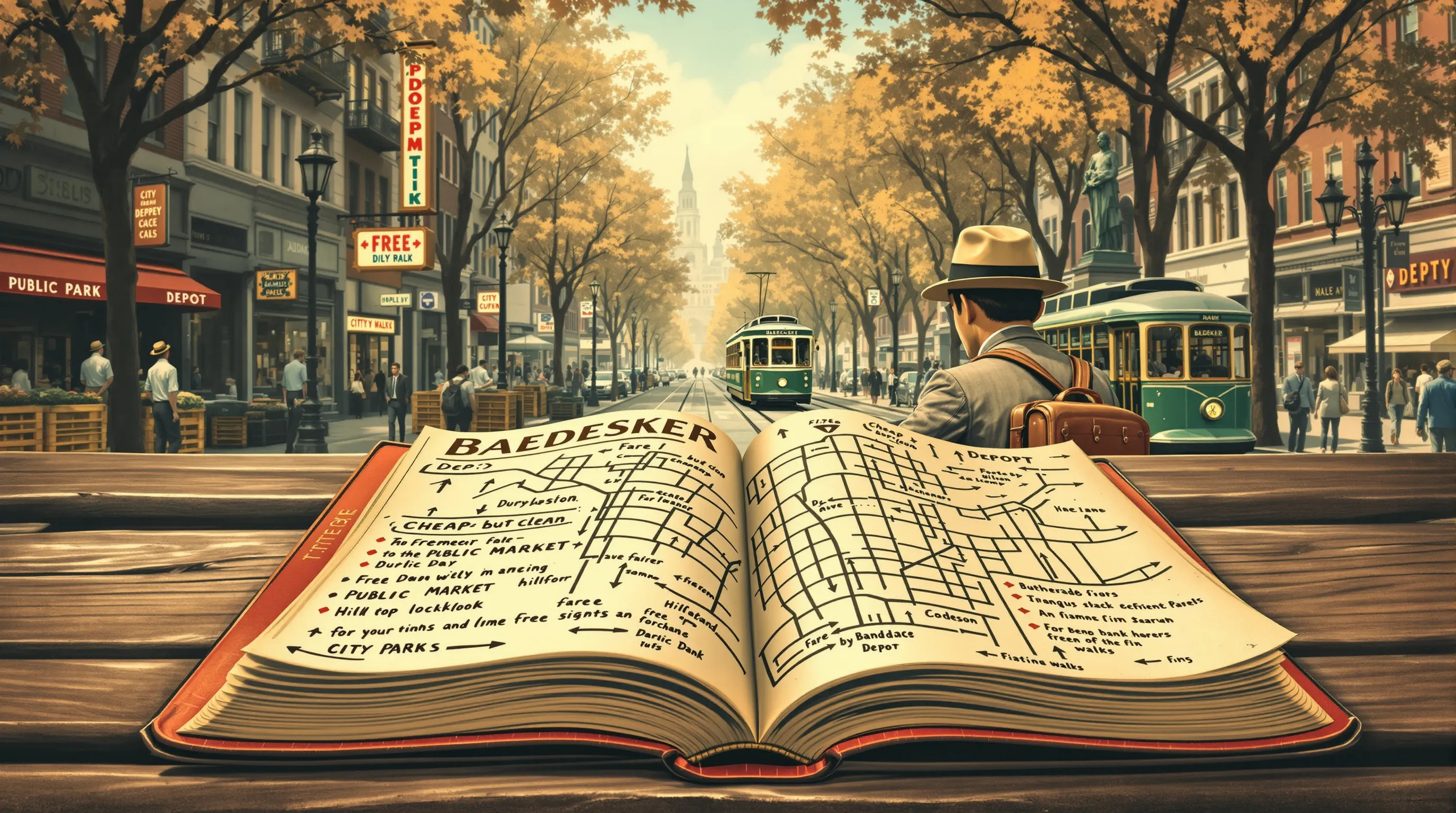 Open red Baedeker guide mapping budget paths in a 1930s American city.