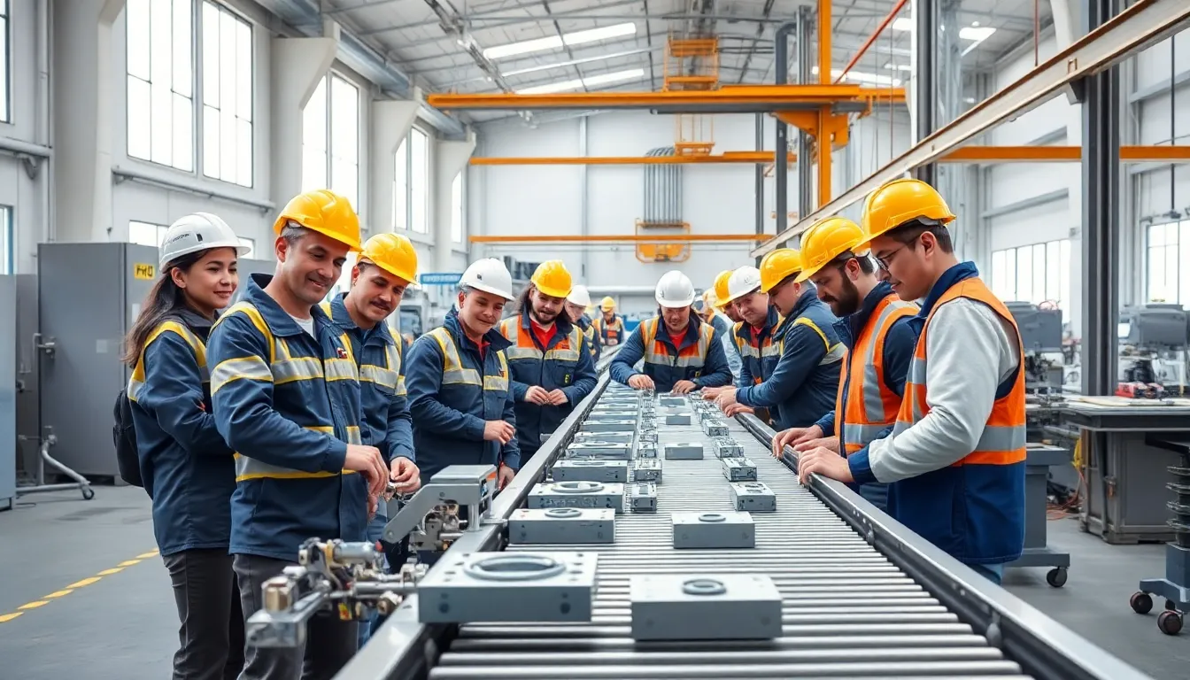 diverse team inspecting heavy-duty hardware components in a modern factory.