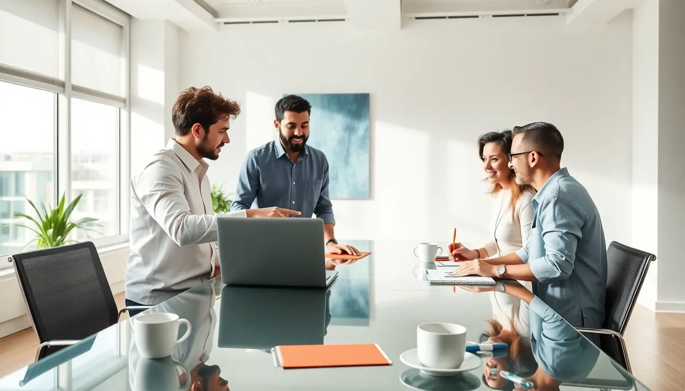 diverse team discussing content ideas in a modern office.