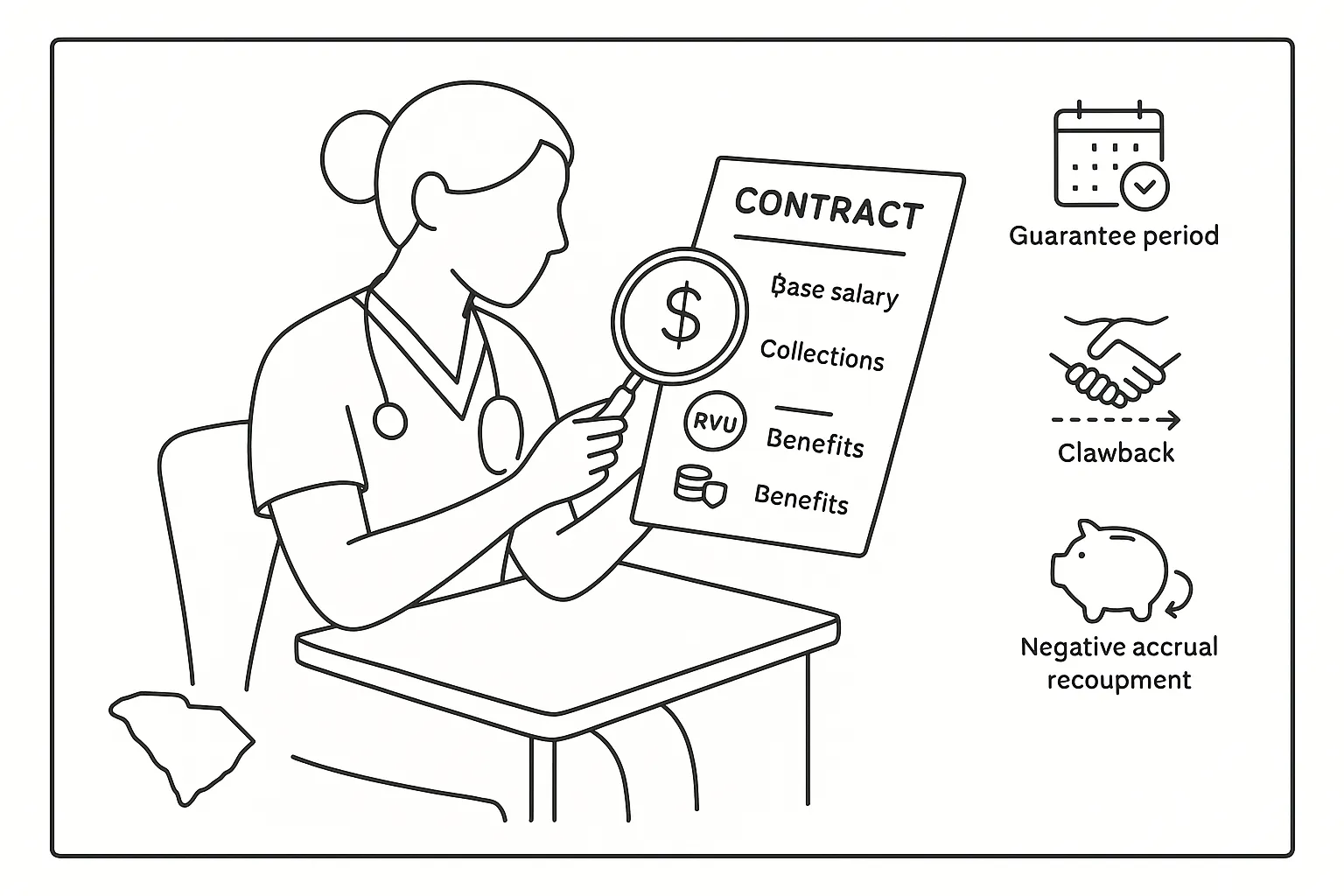 Nurse practitioner examining a contract with icons for salary, RVUs, and clawbacks.