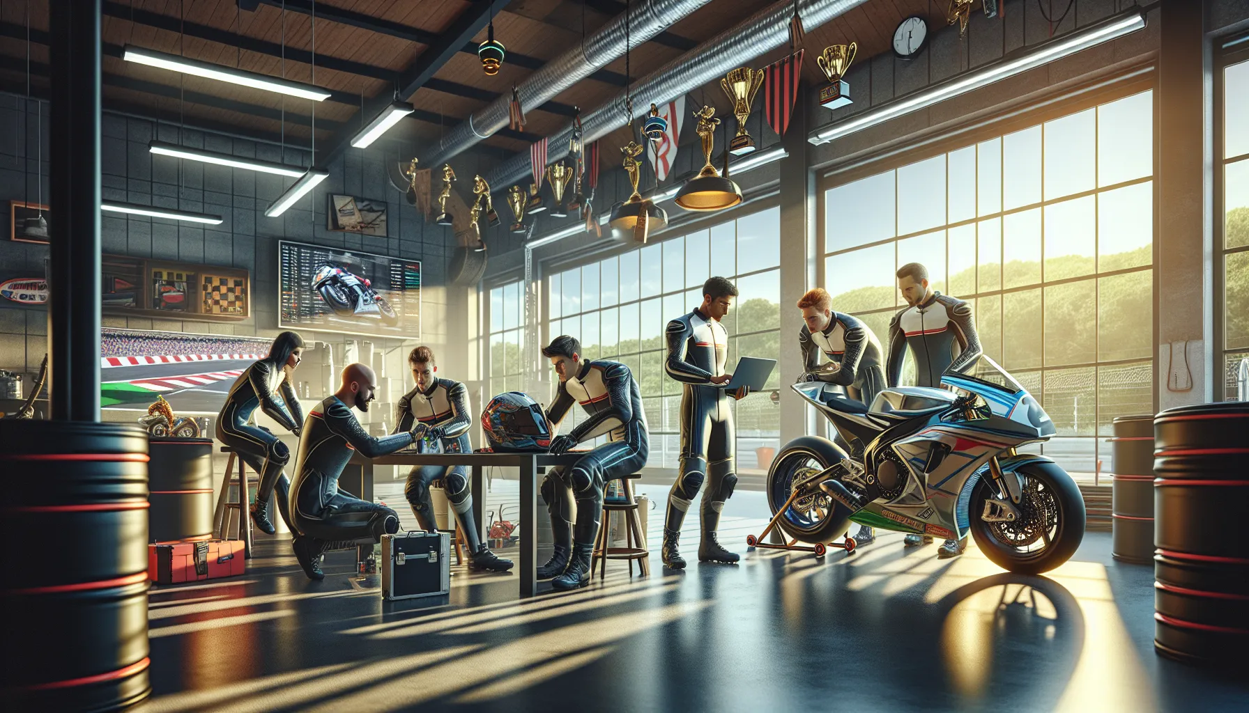 Ioda Racing team collaborating in a modern garage setting.