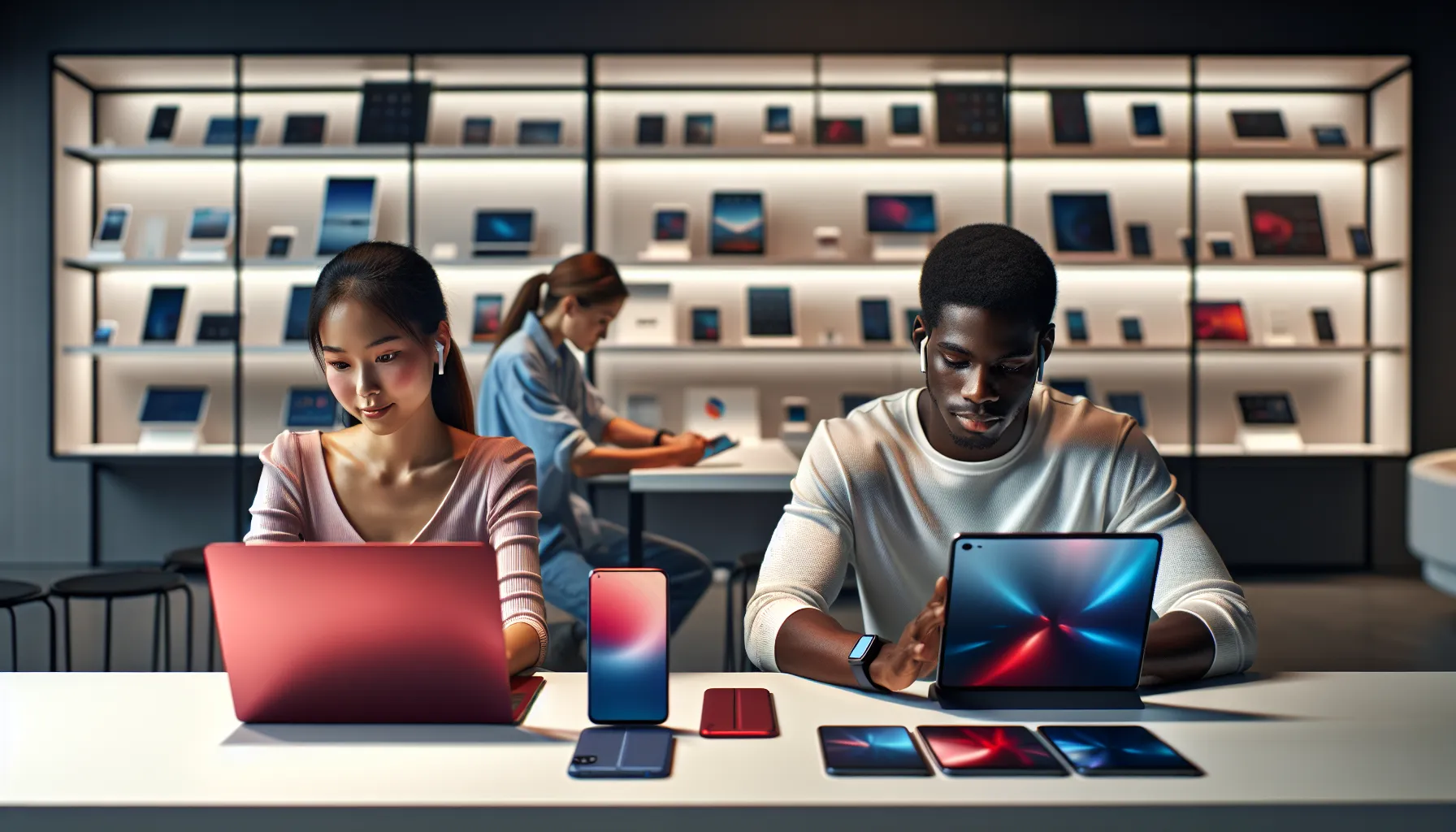 Two people using Apple and Samsung devices in a modern tech space.
