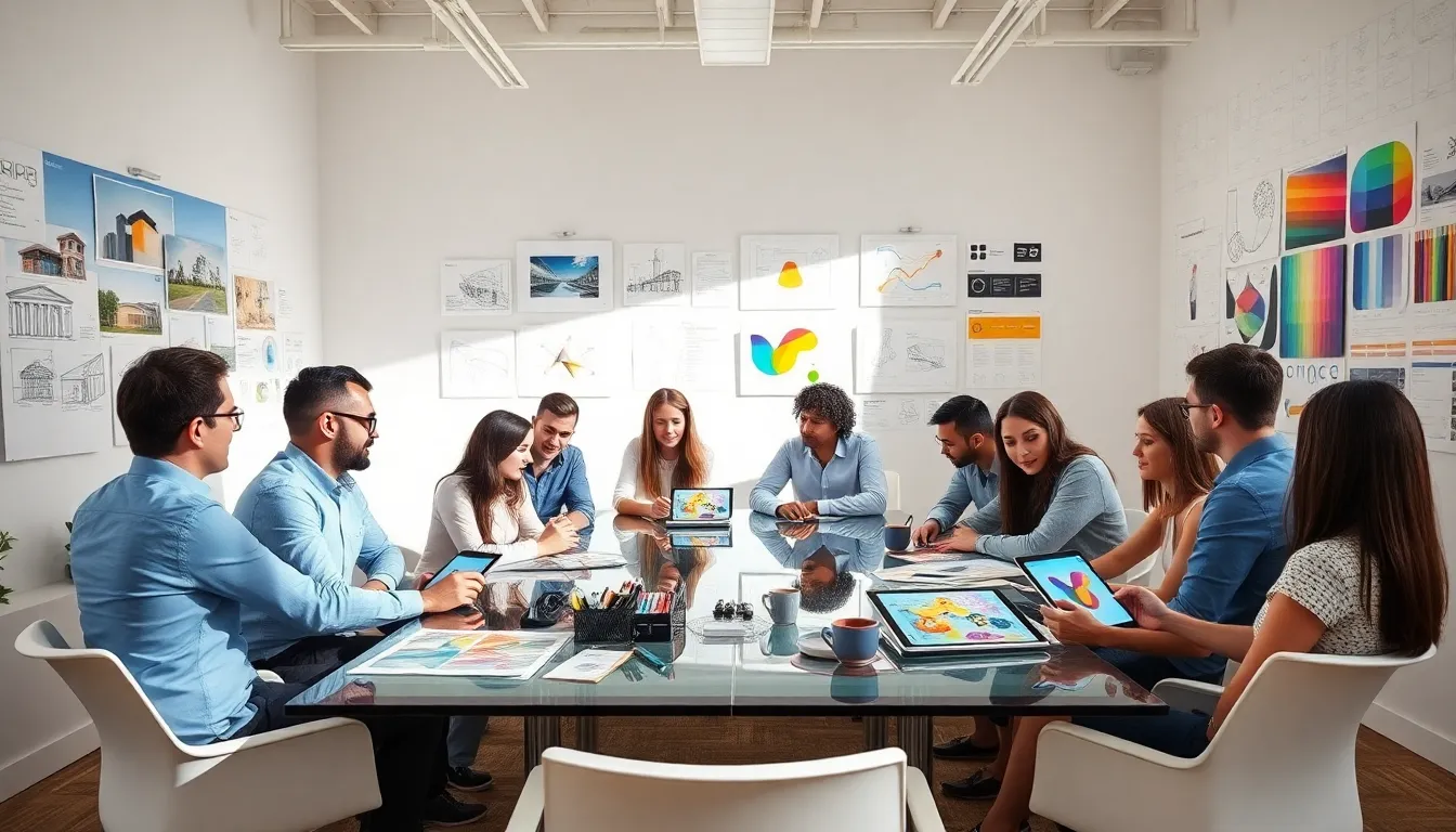 designers collaborating on design concepts in a modern office.