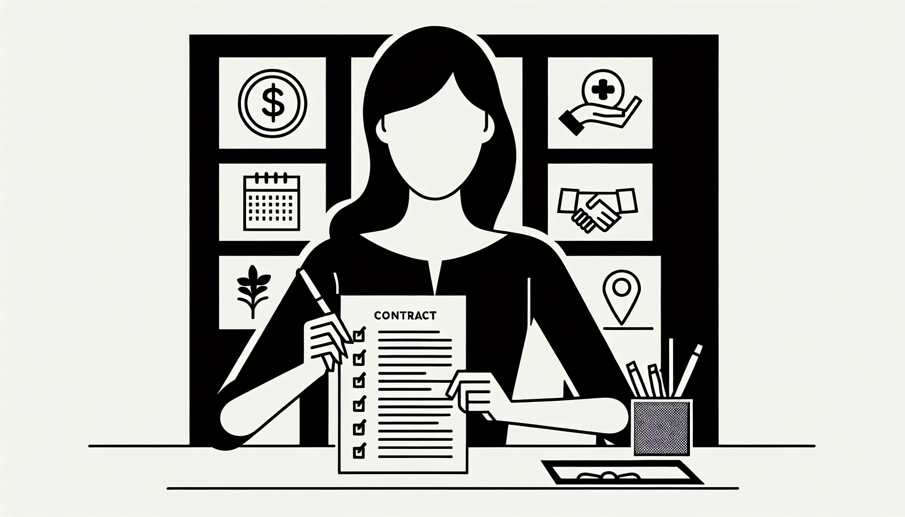 Dentist at desk reviewing contract with icons for key dental contract terms.
